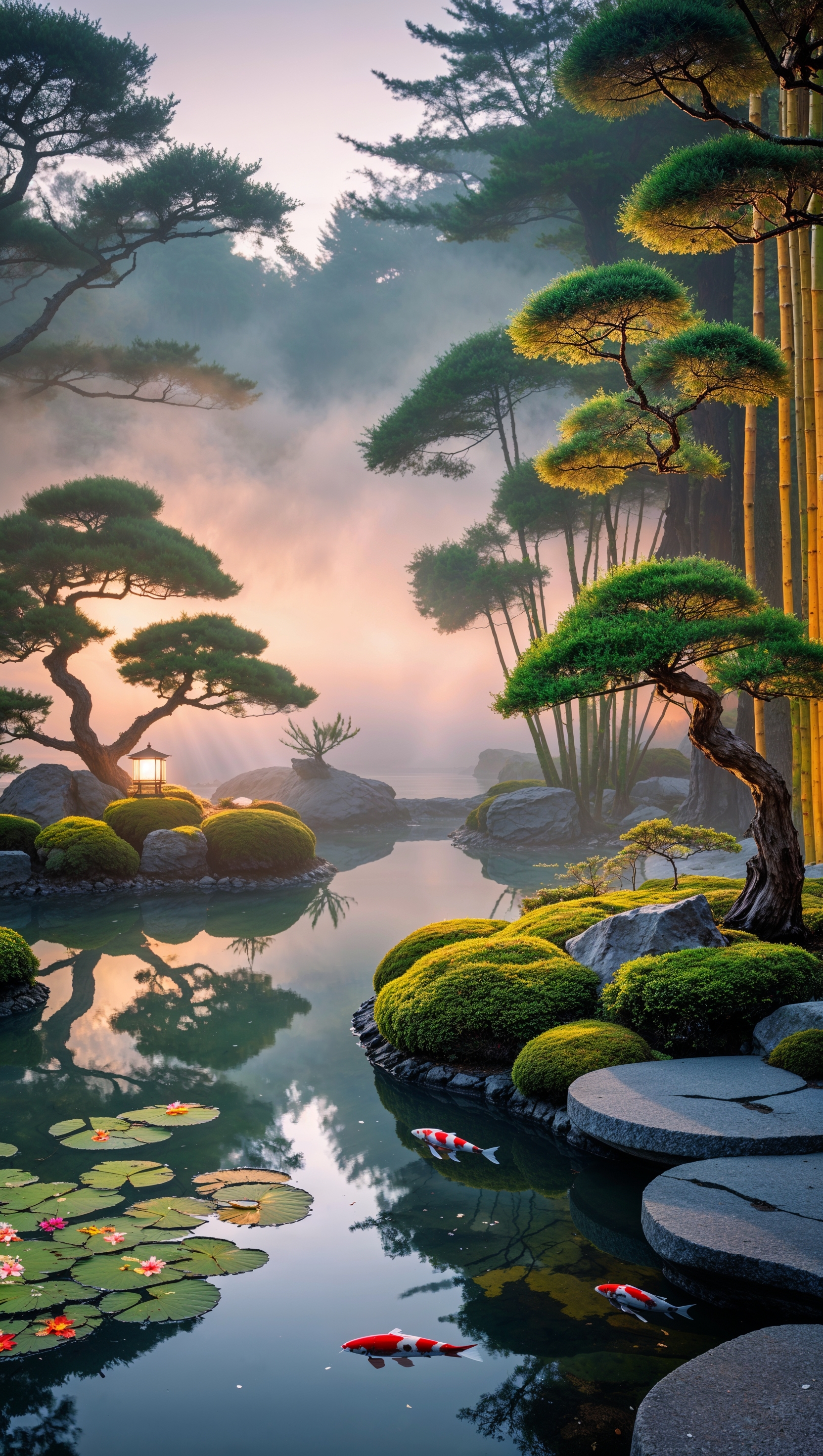 Tranquil Japanese garden with soft lighting and koi pond