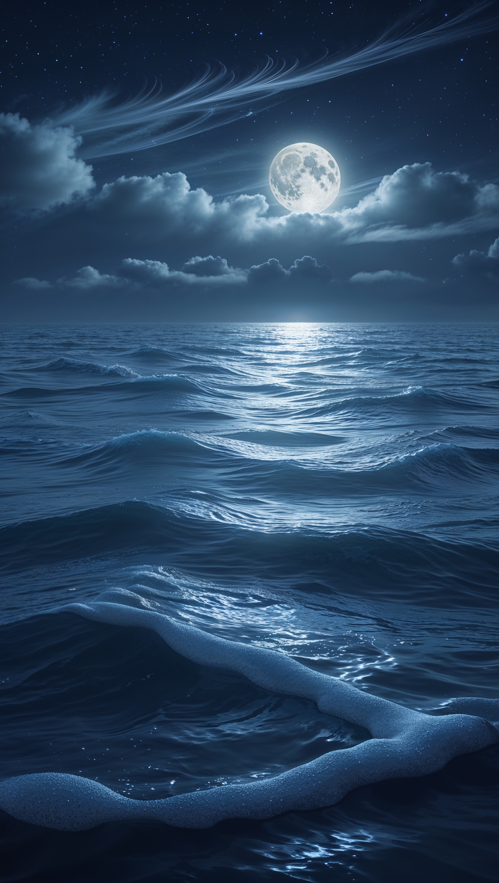 Aesthetic moonlight on still ocean at night