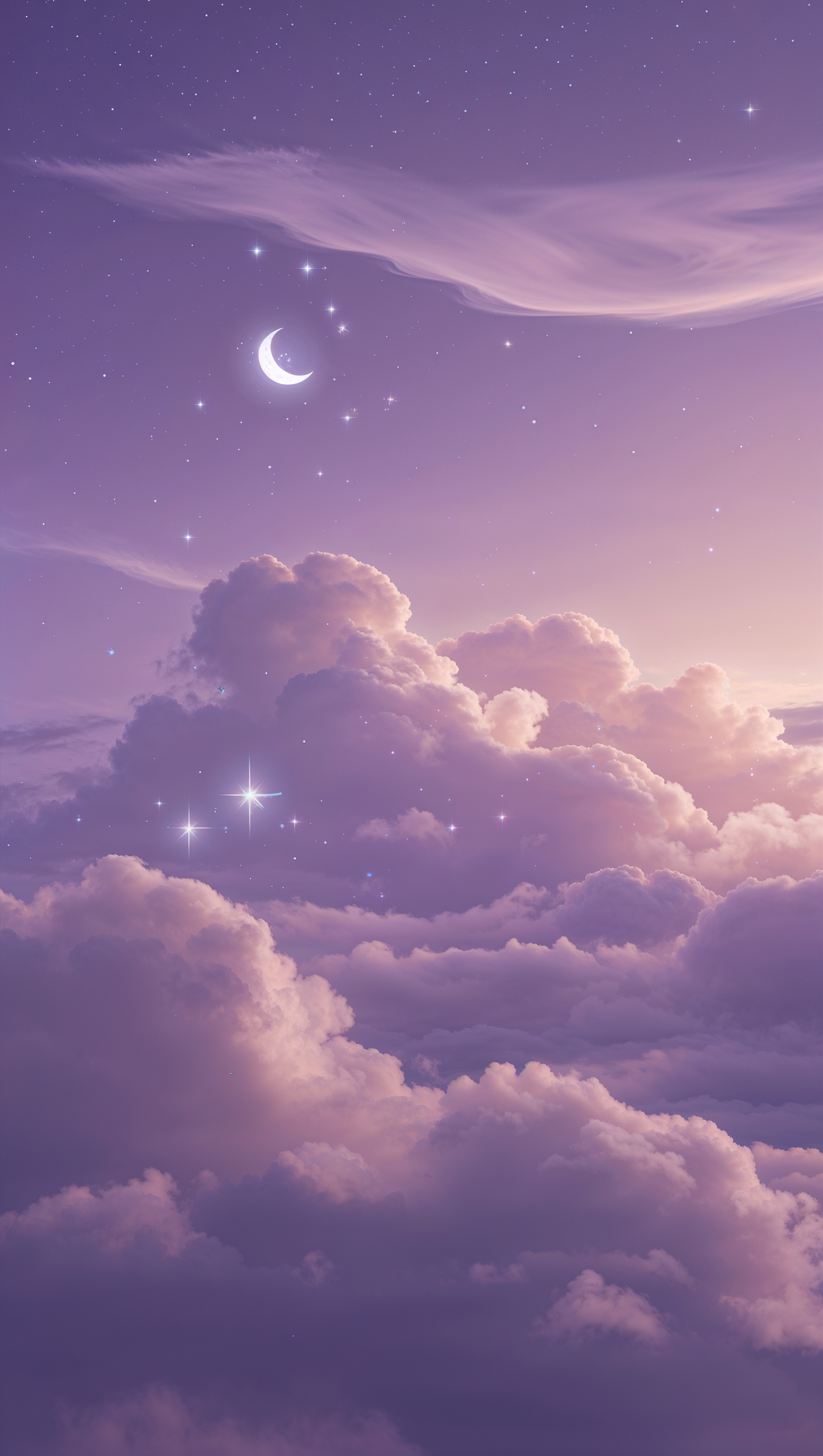 Dreamy clouds with moon and stars in lavender sky
