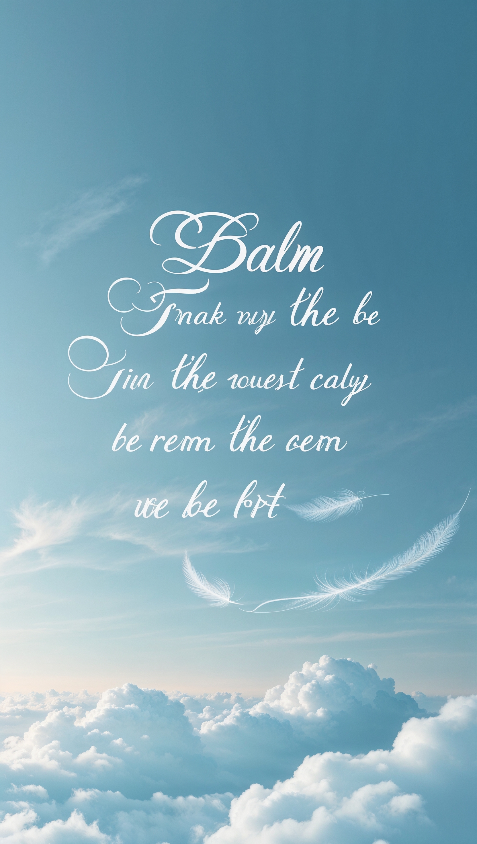 A quote about being calm on a sky blue background with soft clouds
