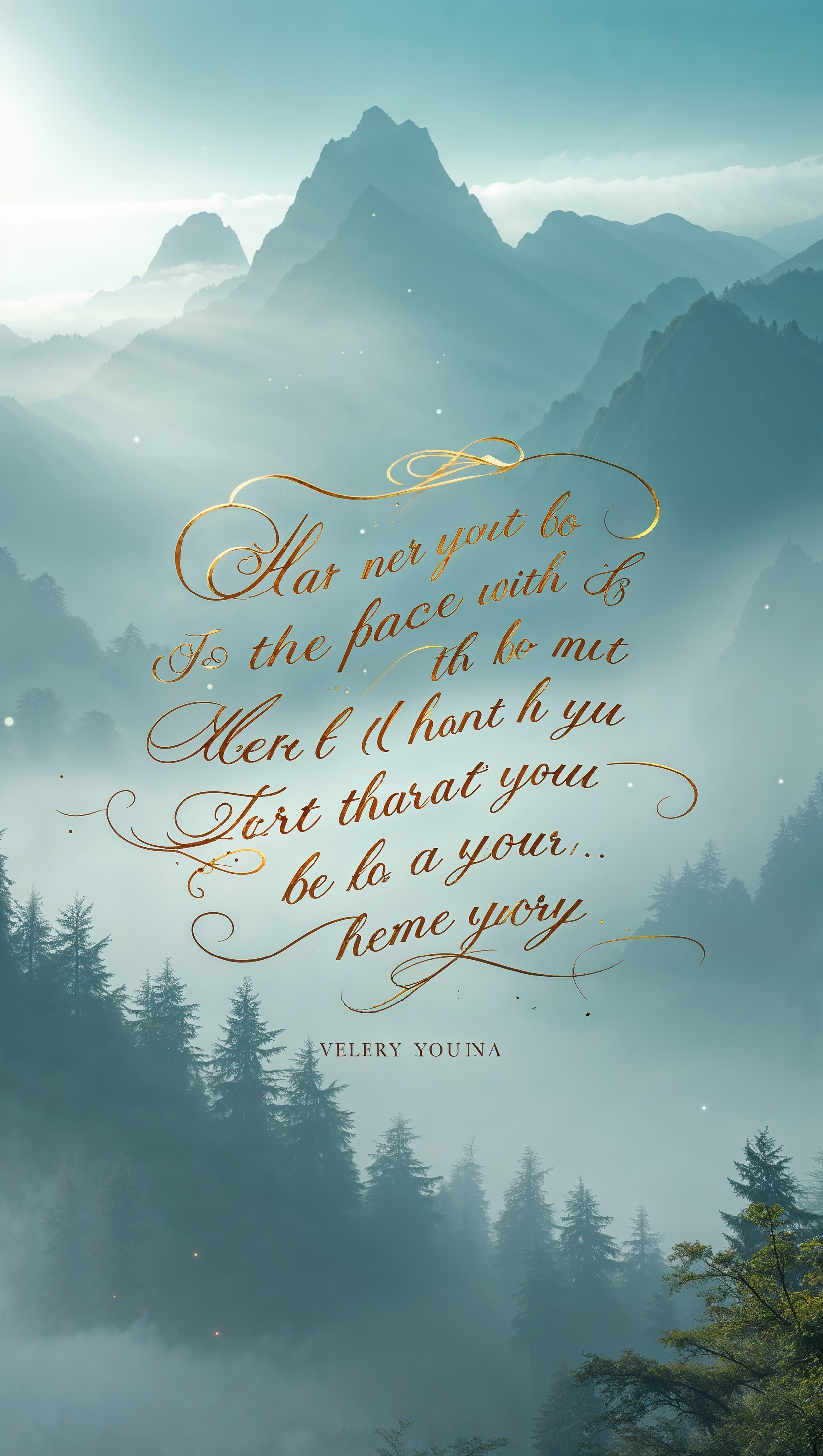 A quote about peace over a misty mountain background