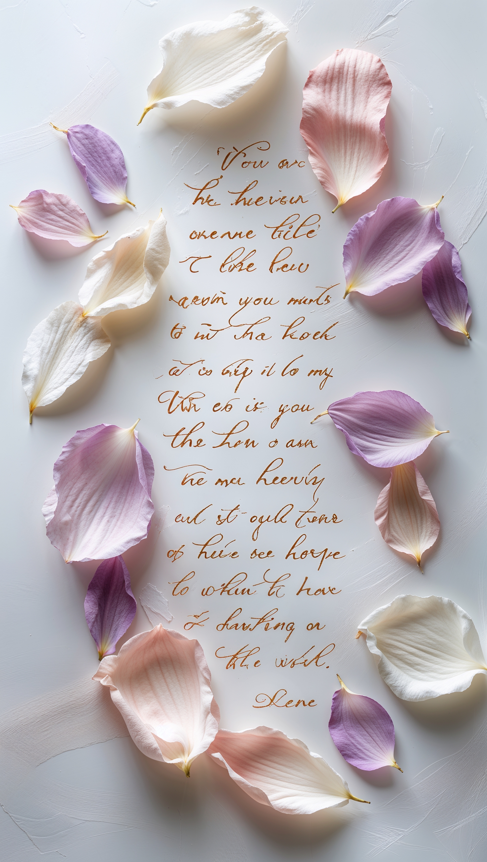A positive quote among scattered petals on a white background