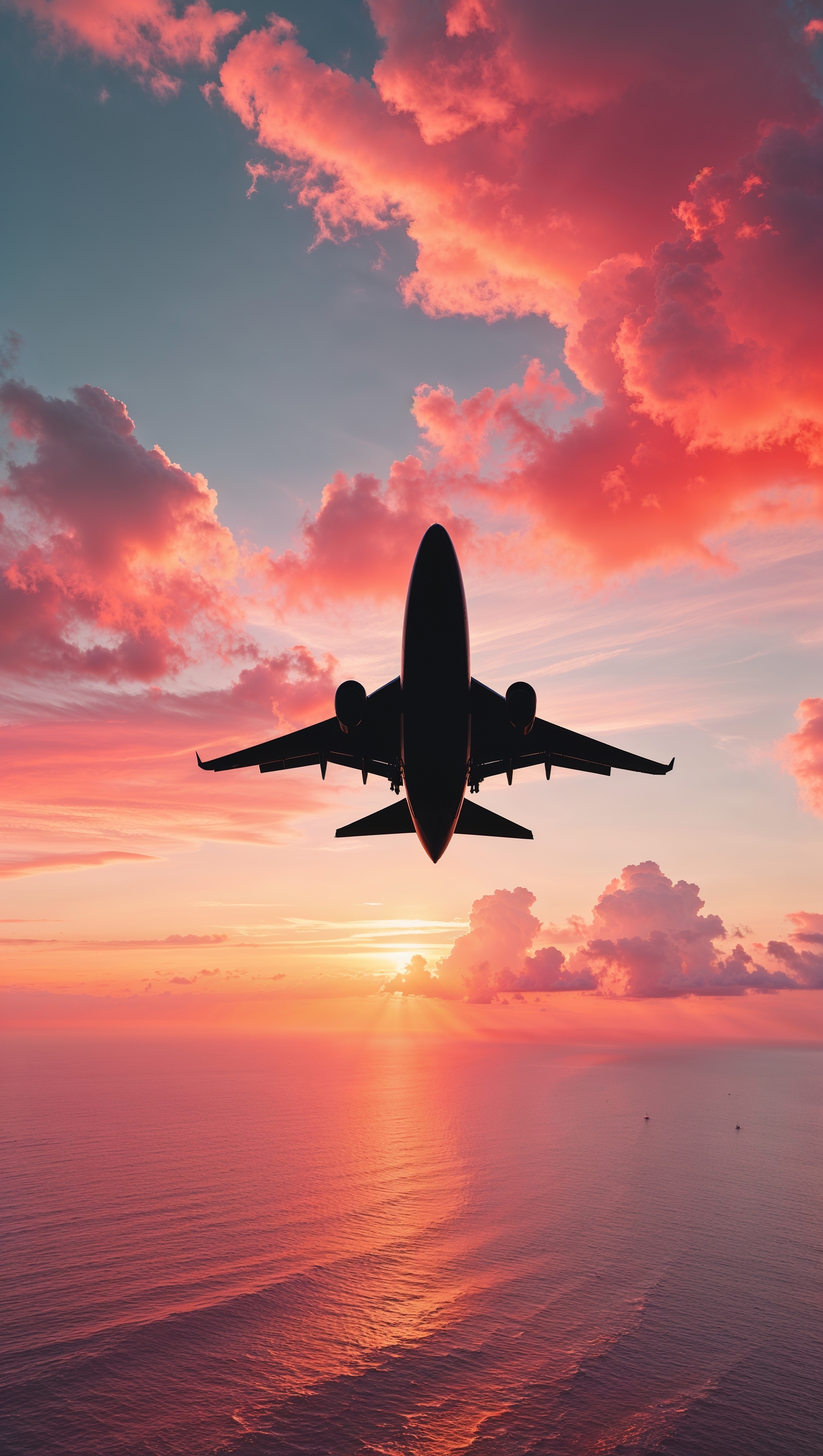 Jet silhouette at sunset above the ocean — iPhone wallpaper