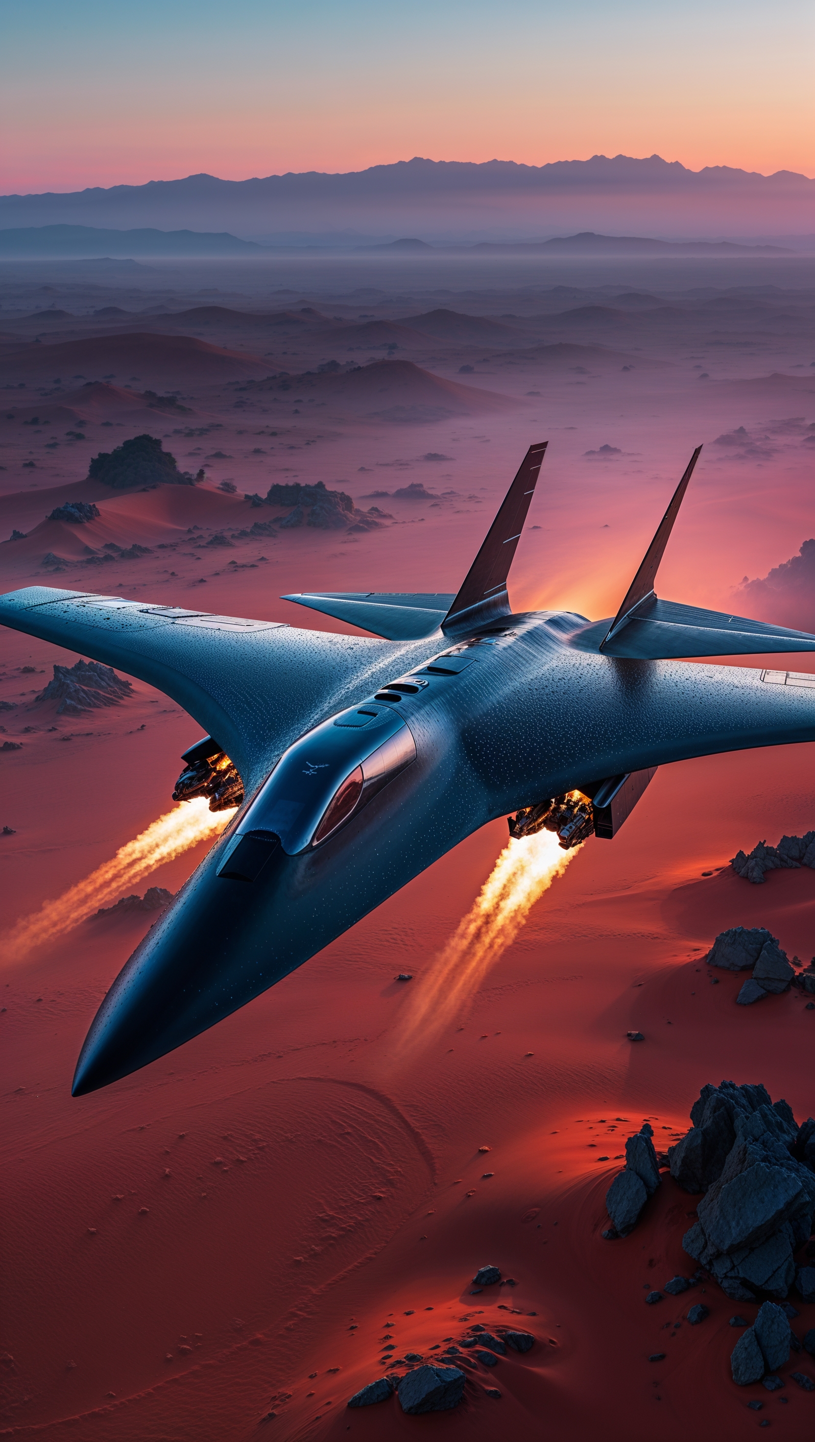 Stealth bomber flying over a desert at dawn — iPhone wallpaper