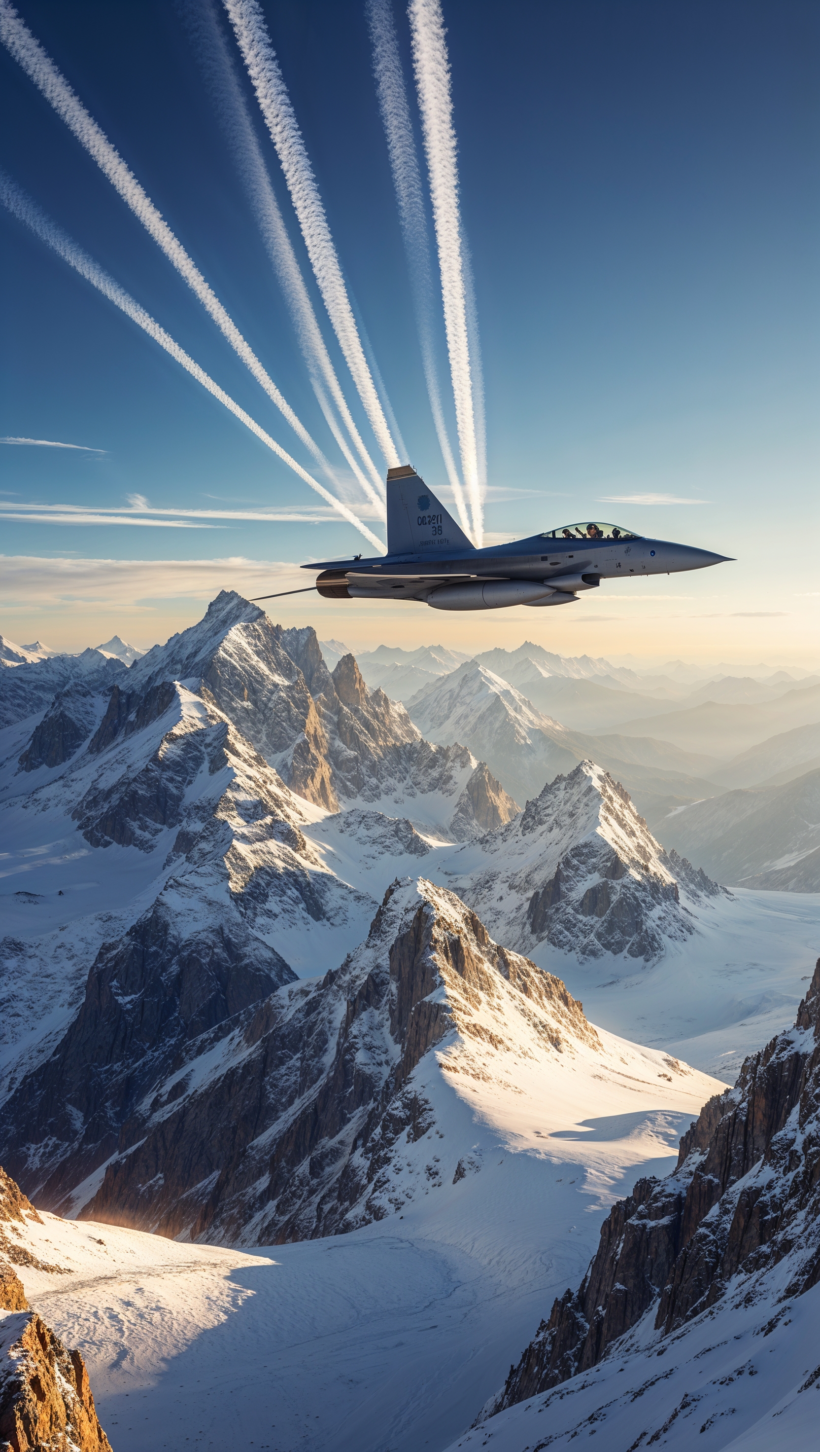 Air force jet flying above snow-covered mountains — iPhone wallpaper