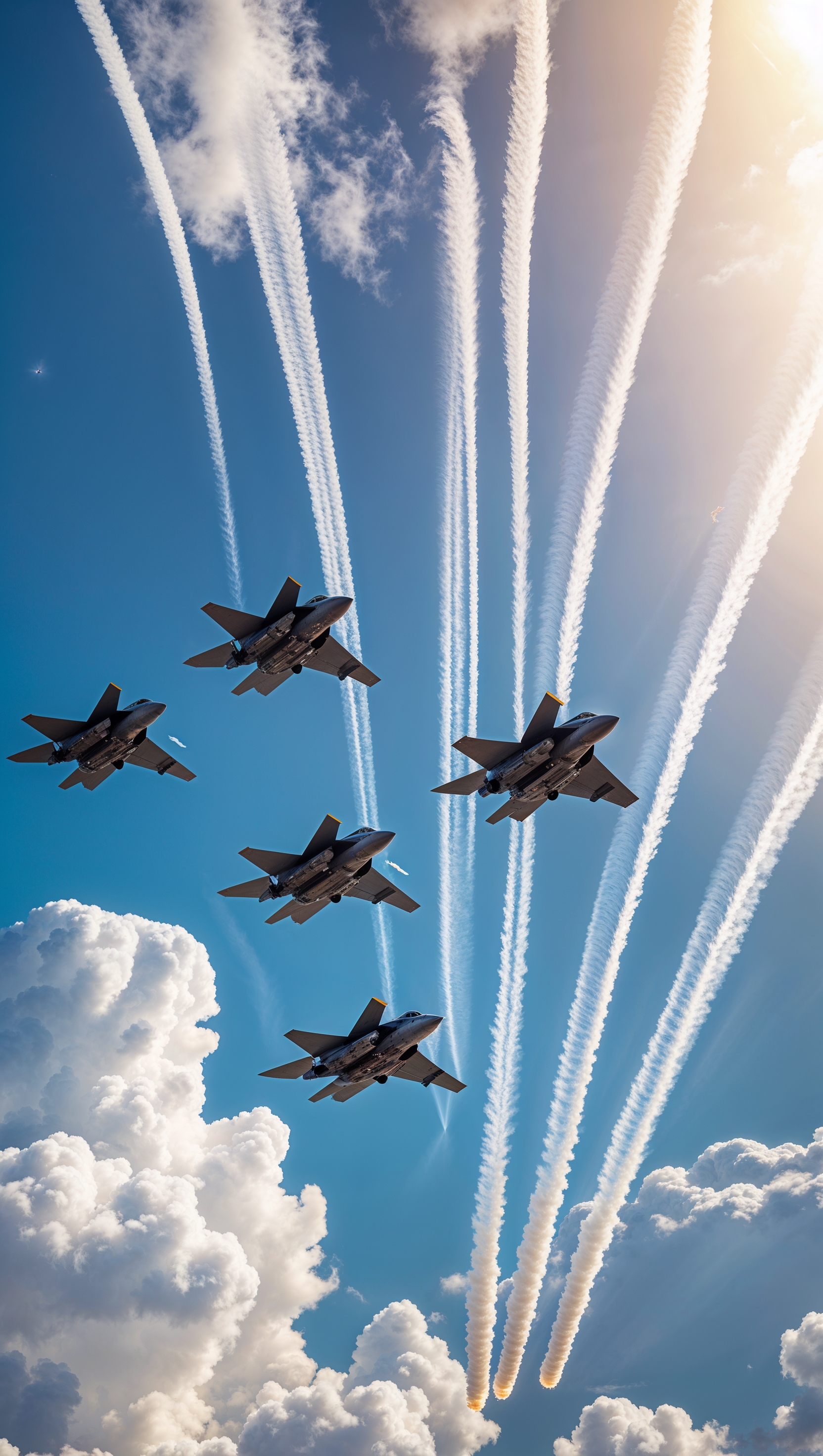 Air force jets flying in V formation with contrails — iPhone wallpaper