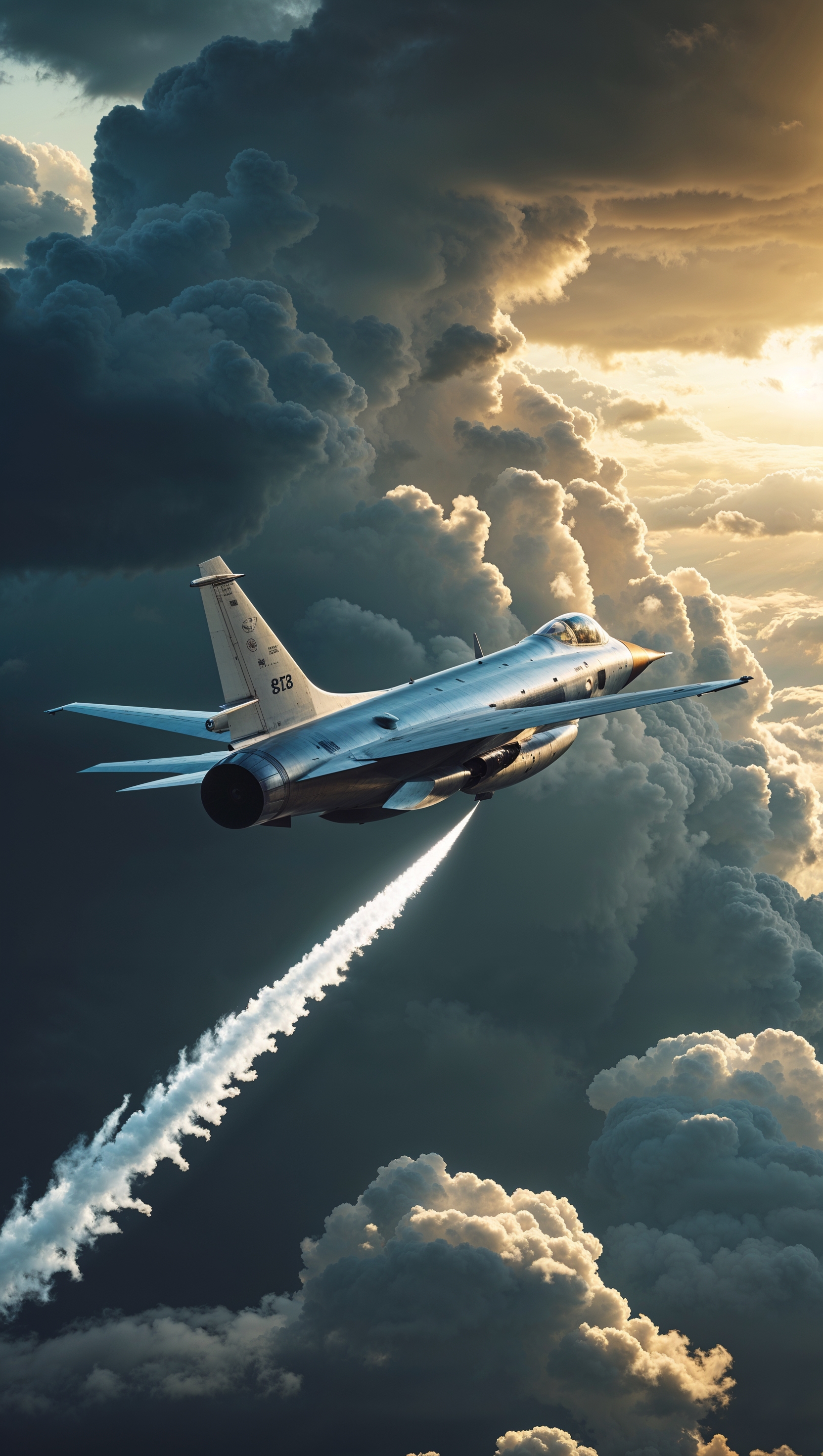 Stormy sky with air force plane breaking through the clouds — iPhone wallpaper