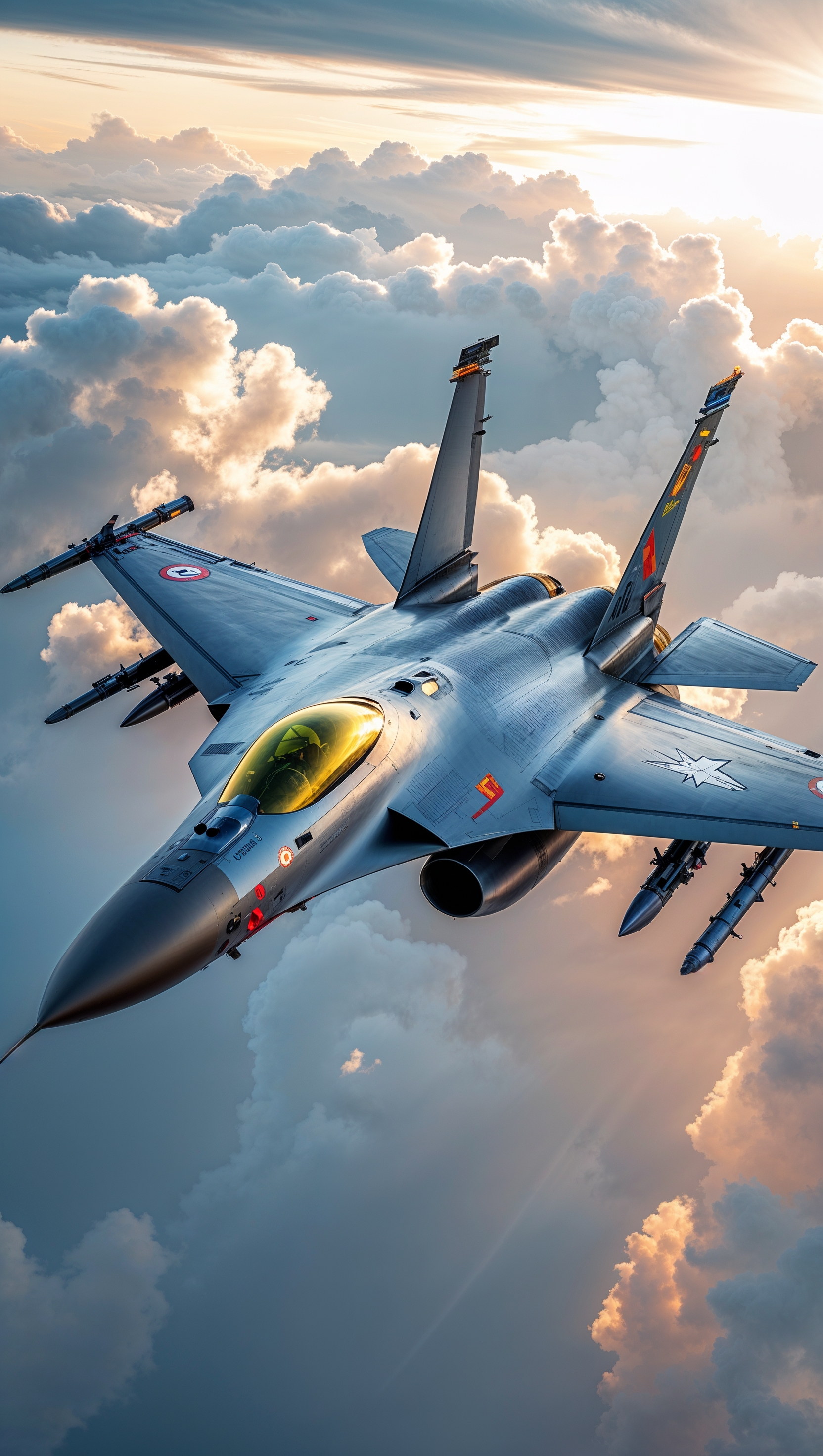 Realistic fighter jet flying through the clouds — iPhone wallpaper