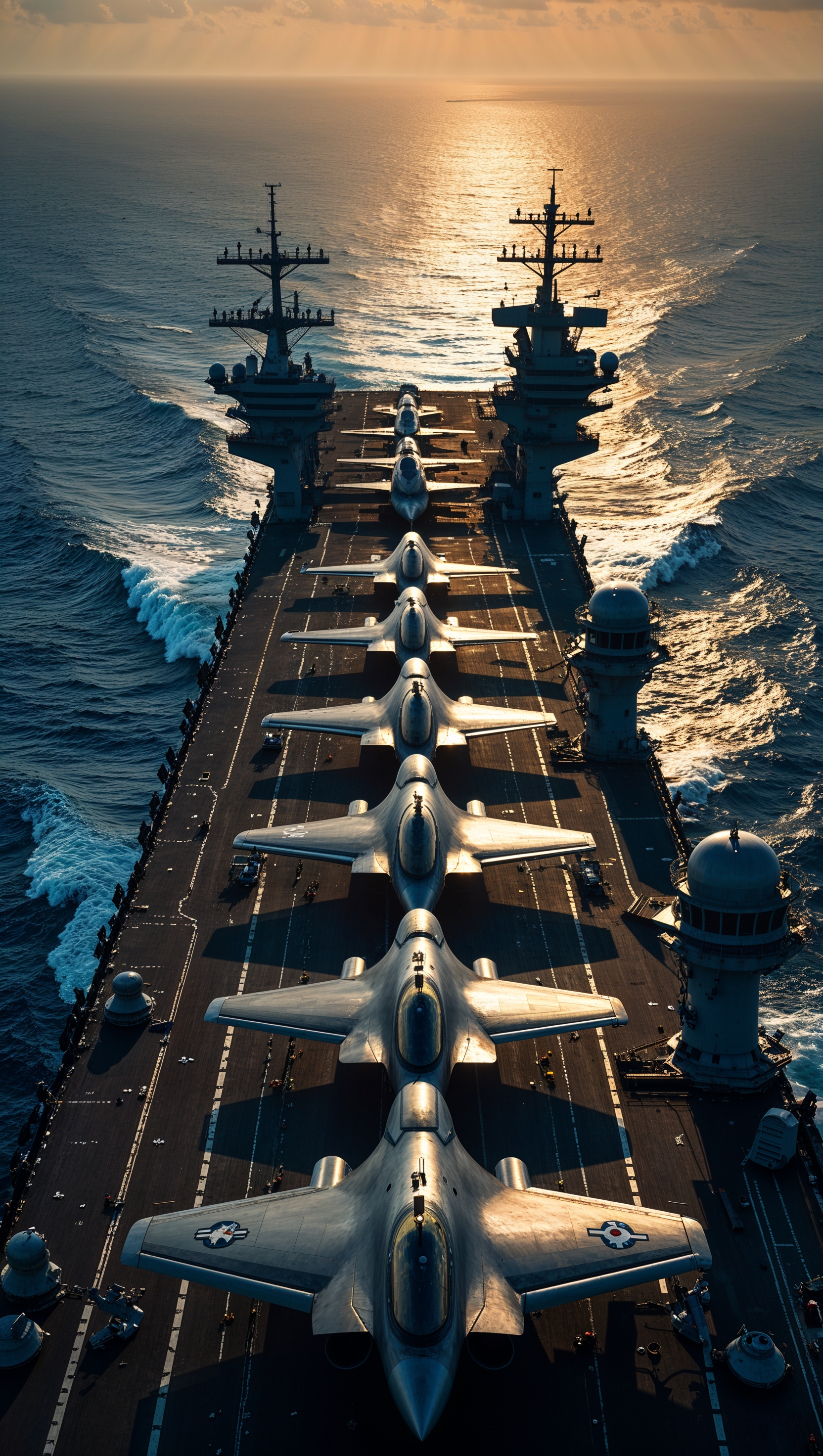 Top-down view of an aircraft carrier with jets — iPhone wallpaper