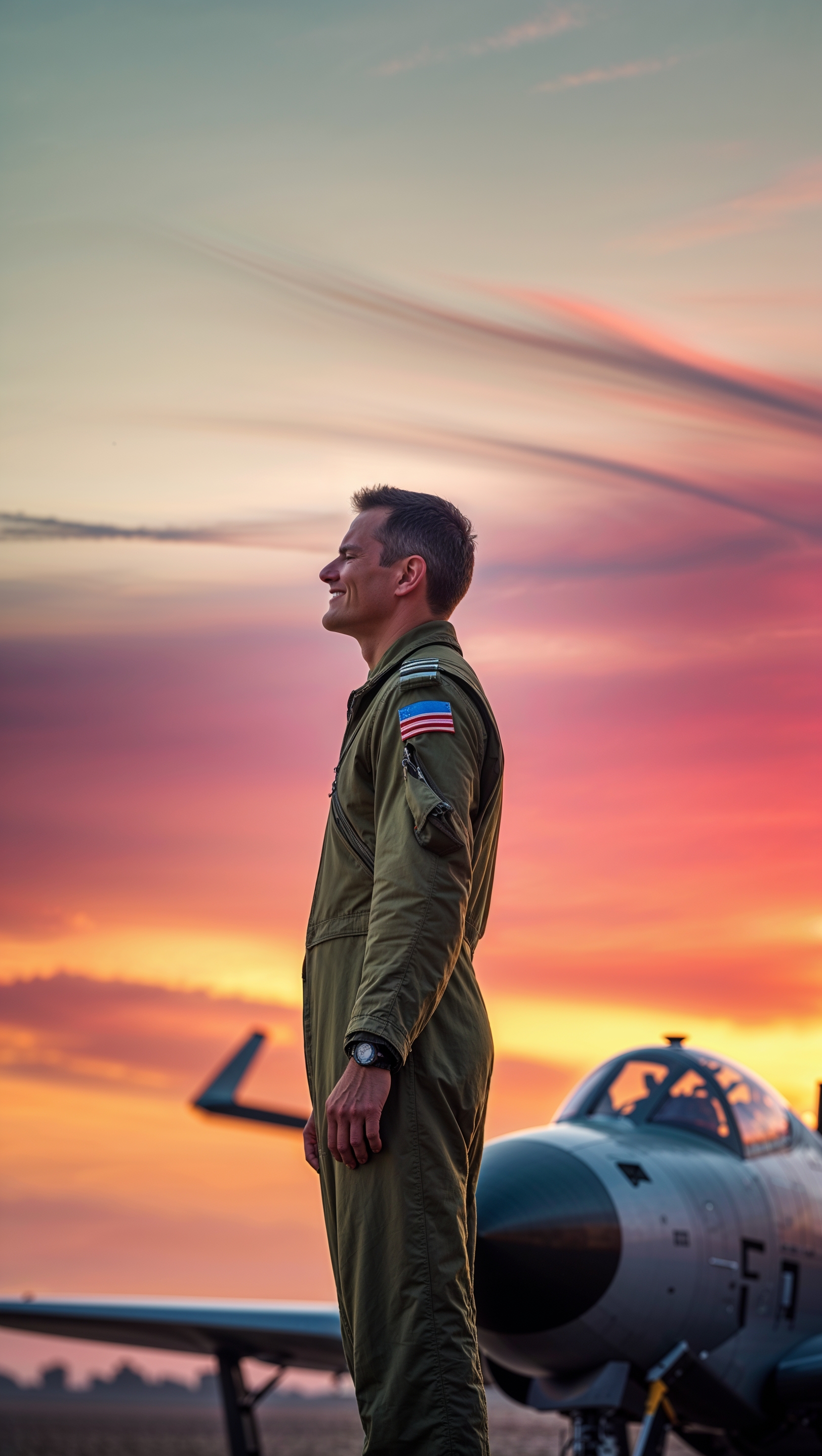 Silhouette of pilot standing by jet at sunset — iPhone wallpaper