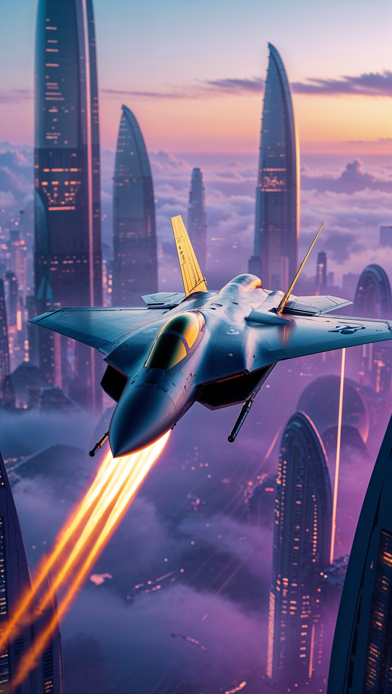 Fighter jet flying above a futuristic city — iPhone wallpaper