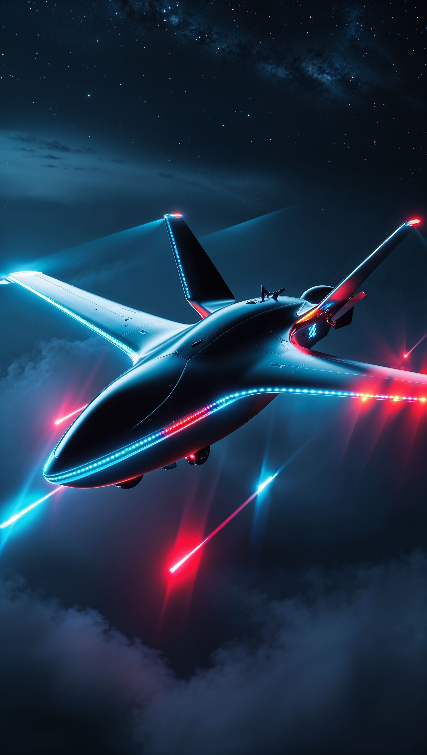 Air force drone flying at night with glowing lights — iPhone wallpaper
