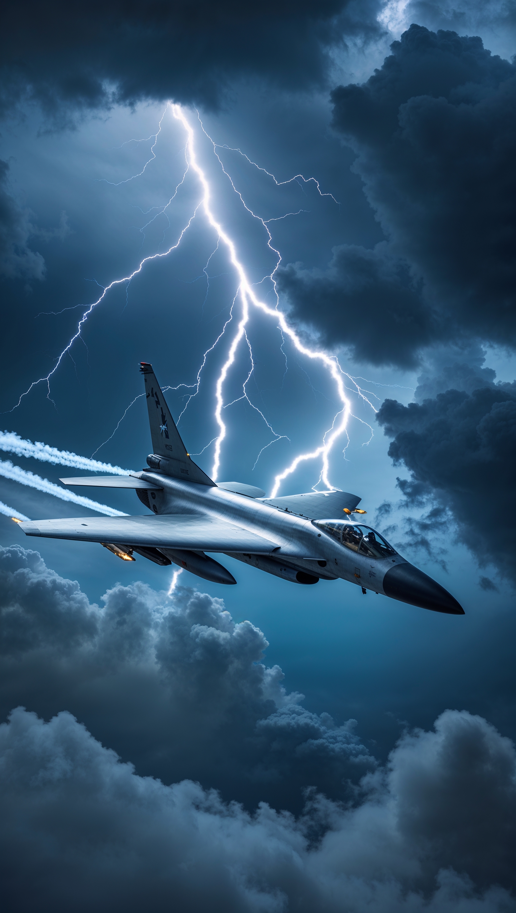Air force jet flying over lightning storm — iPhone wallpaper
