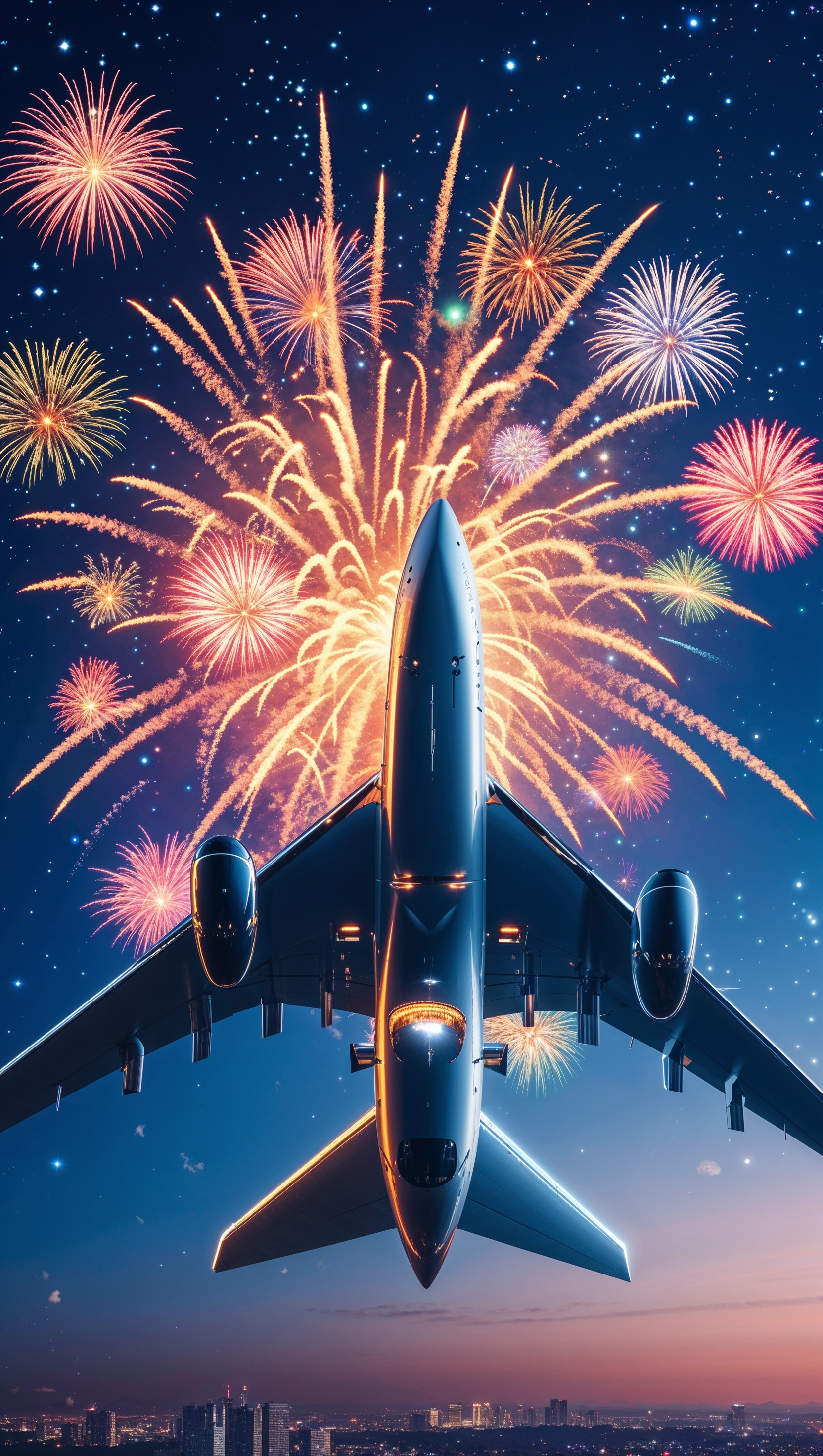 Jet flying through fireworks celebration — iPhone wallpaper