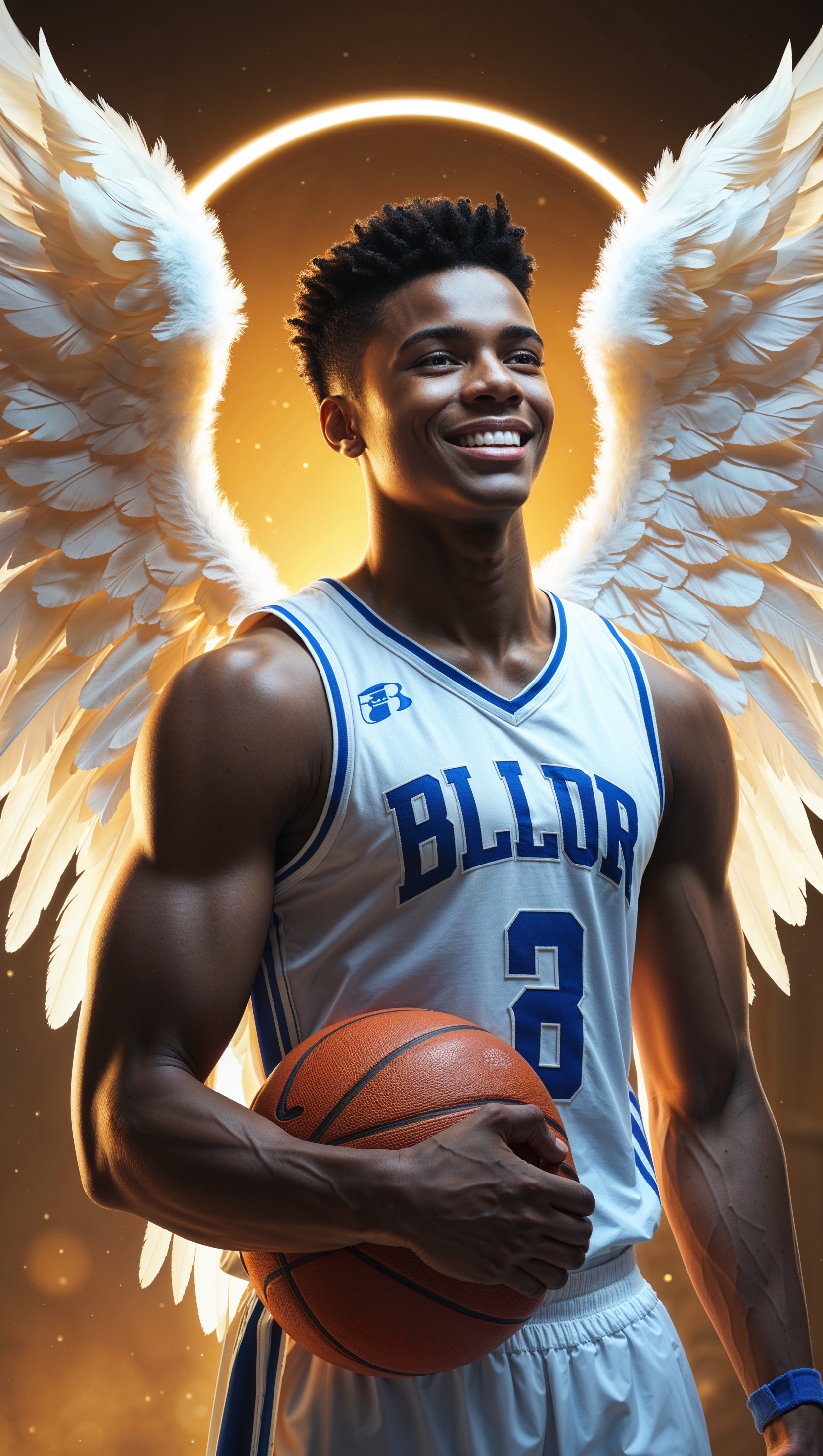 Anthony Edwards with angel wings and basketball