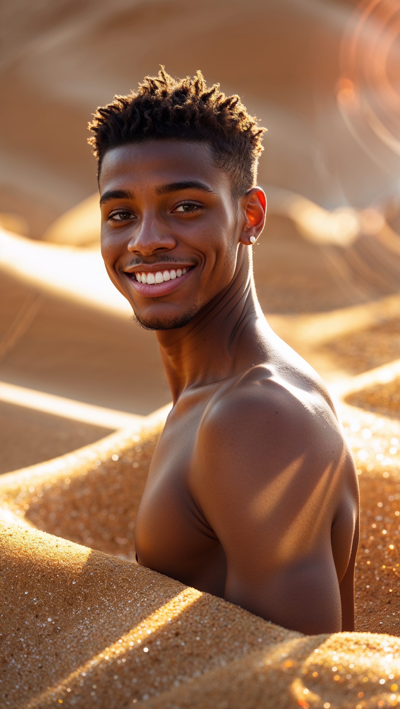Anthony Edwards with golden sand and sunlight background