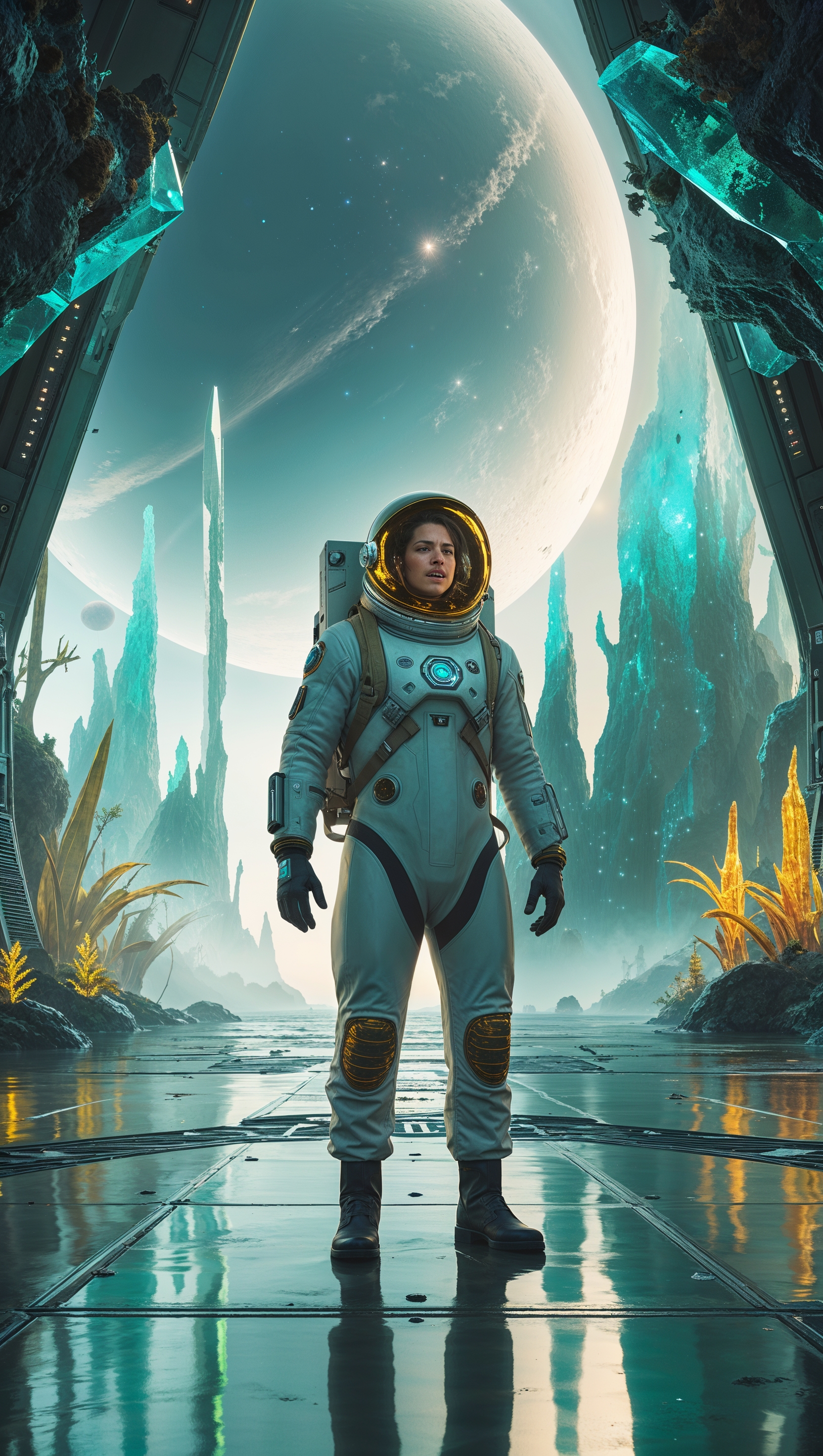 An astronaut discovering a space base on a distant planet