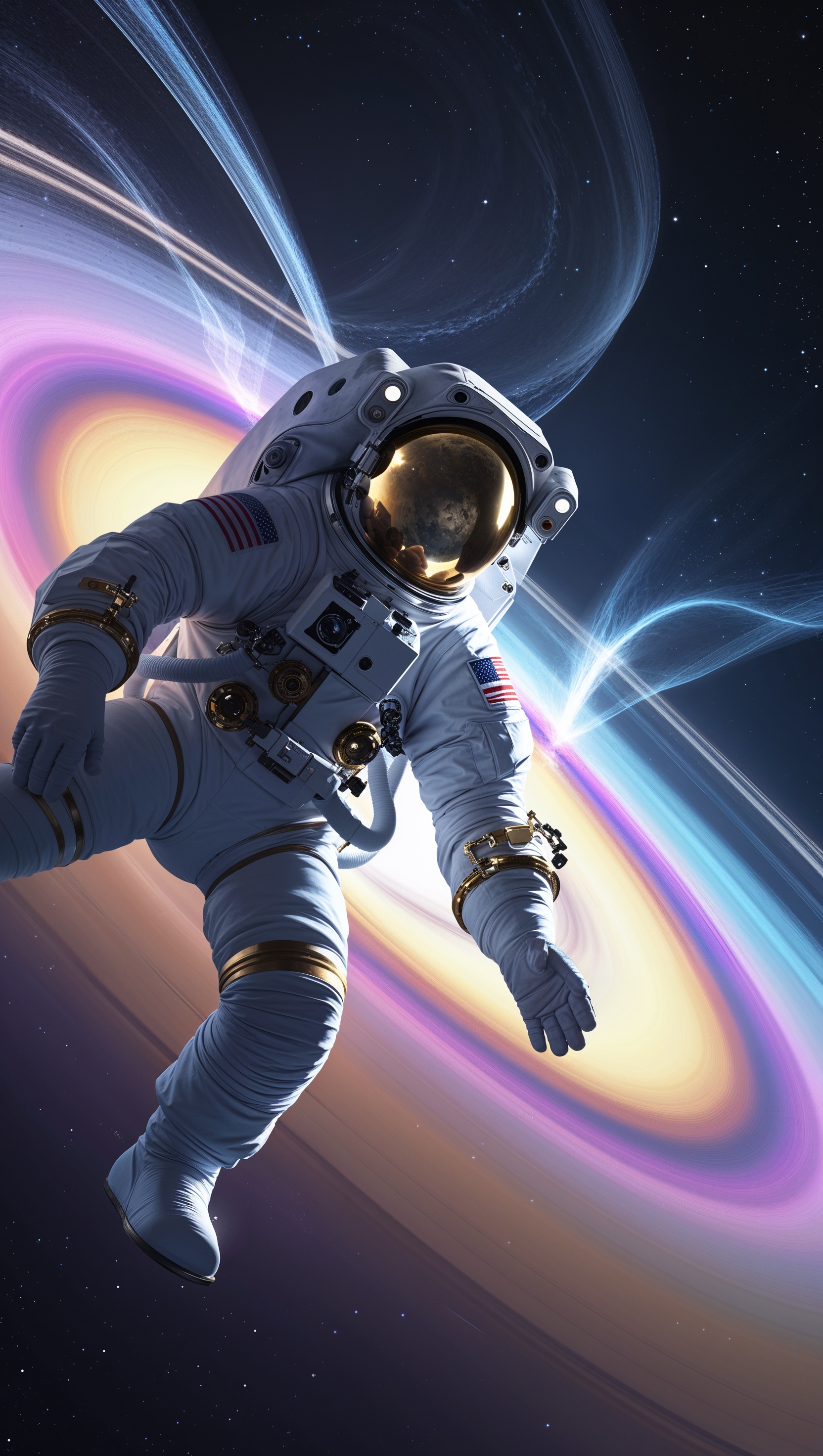 An astronaut passing through a glowing planet ring