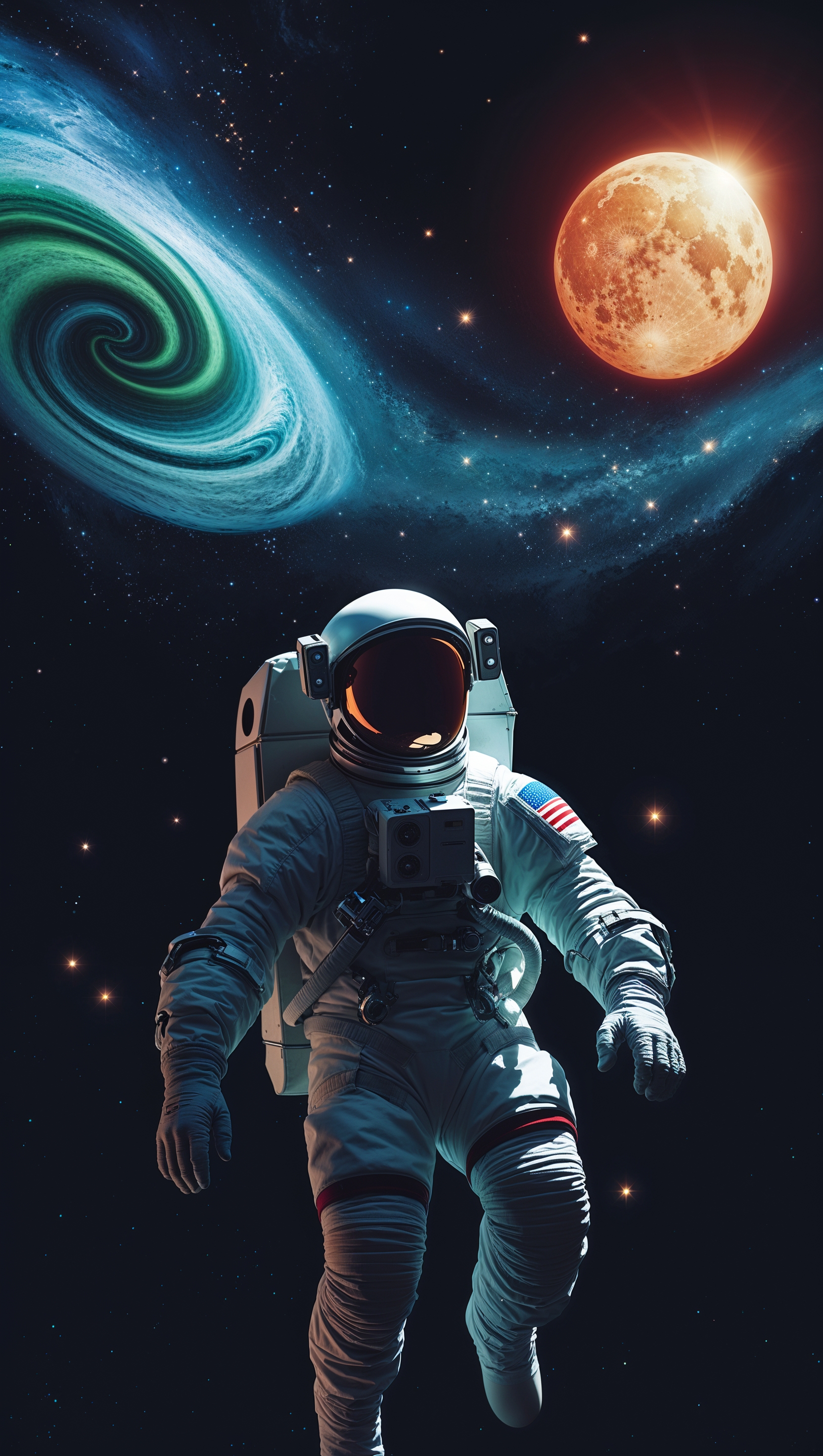 An astronaut floating in space with views of planets and stars