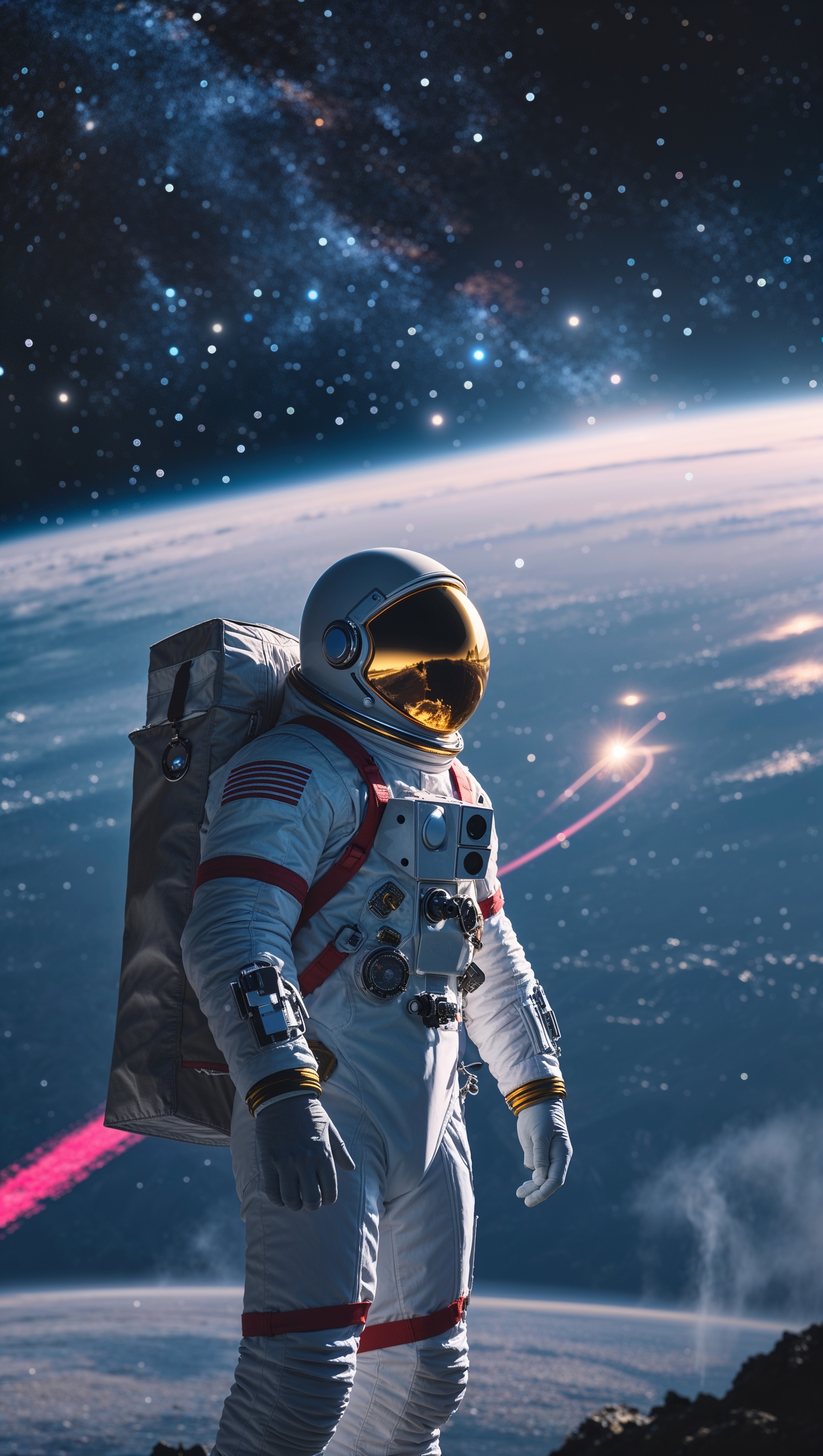 An astronaut beside a space station with a starry sky