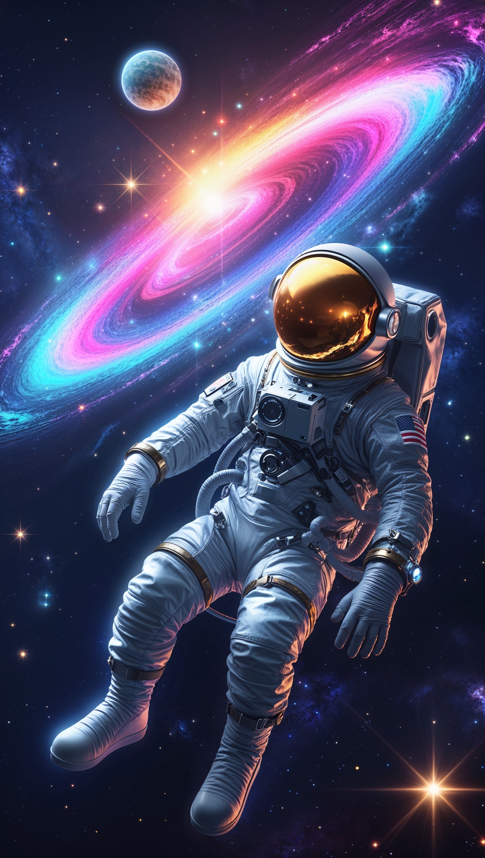 An astronaut in the galaxy surrounded by colorful lights