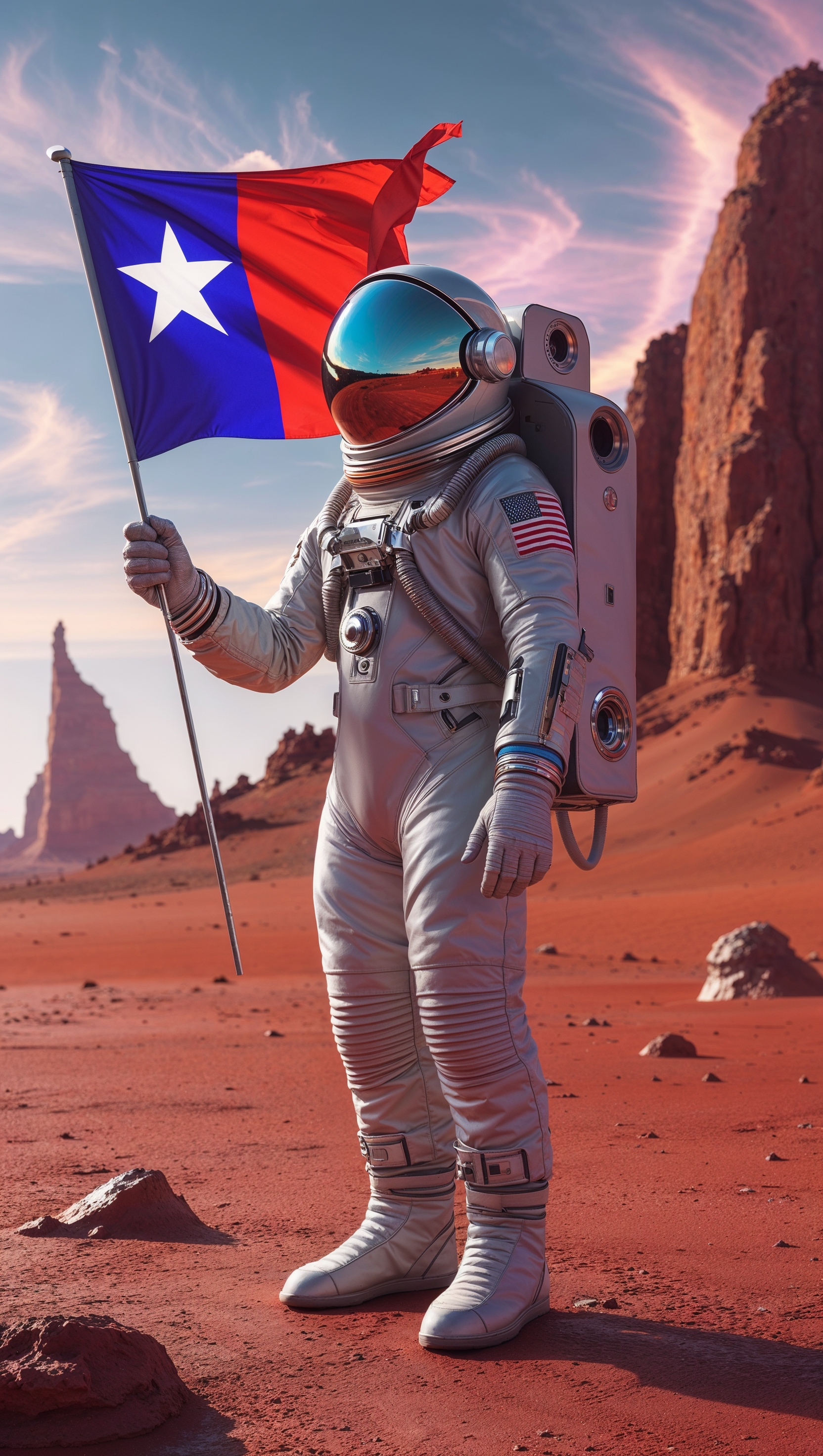 An astronaut with their country's flag on the surface of an unknown planet