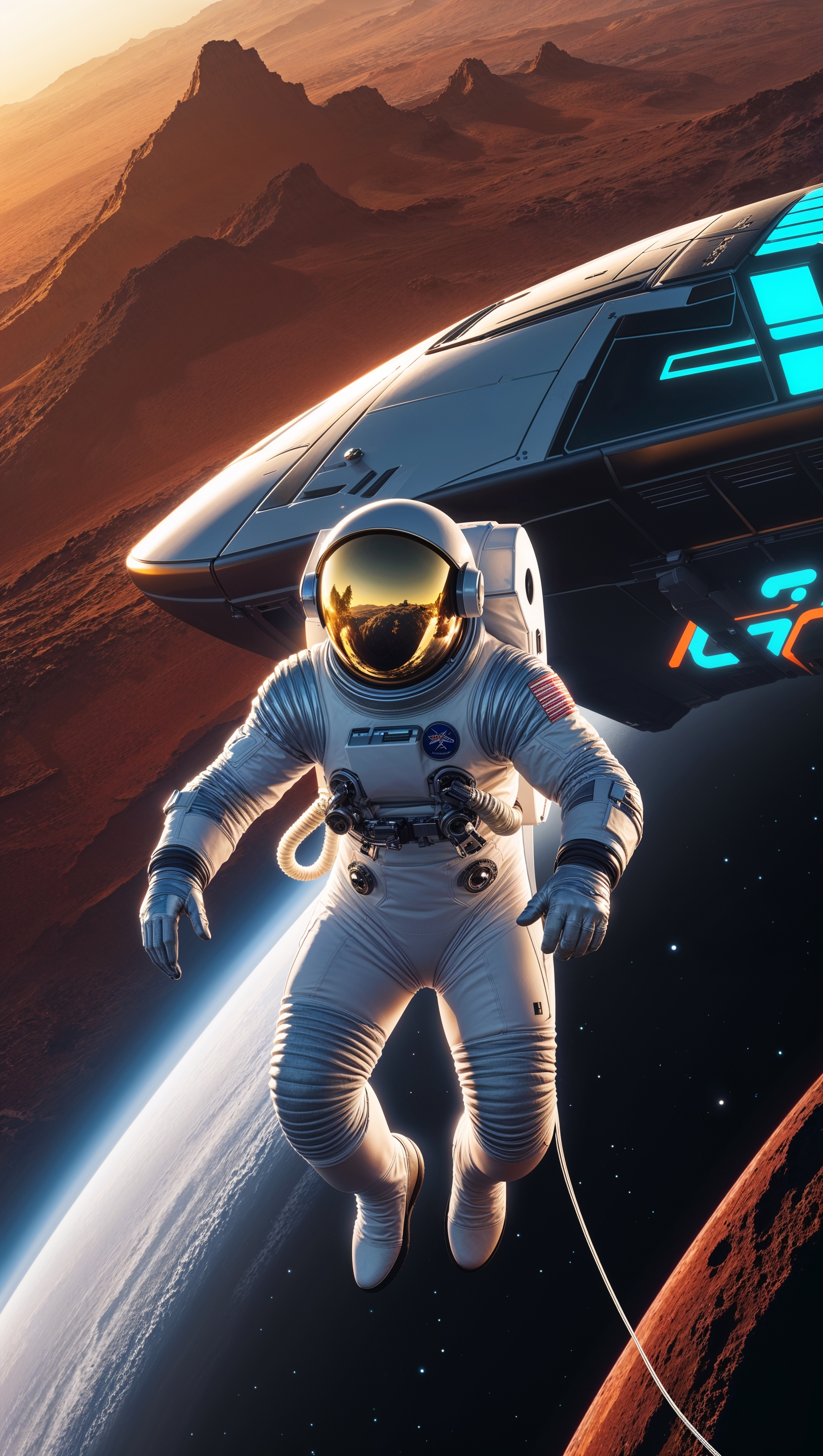 An astronaut jumping from a planetary surface into space