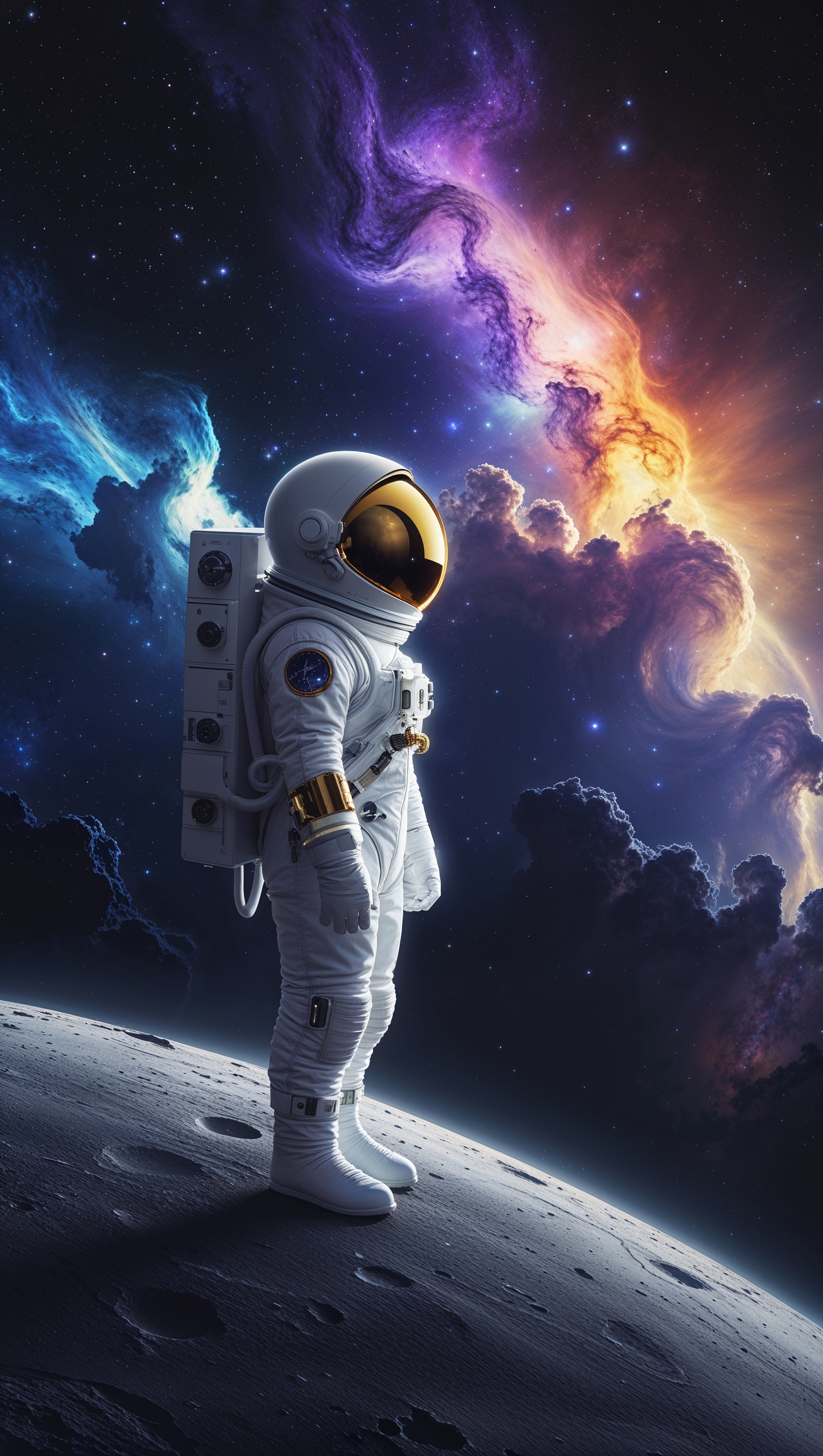 An astronaut viewing a beautiful galactic scene with bright colors