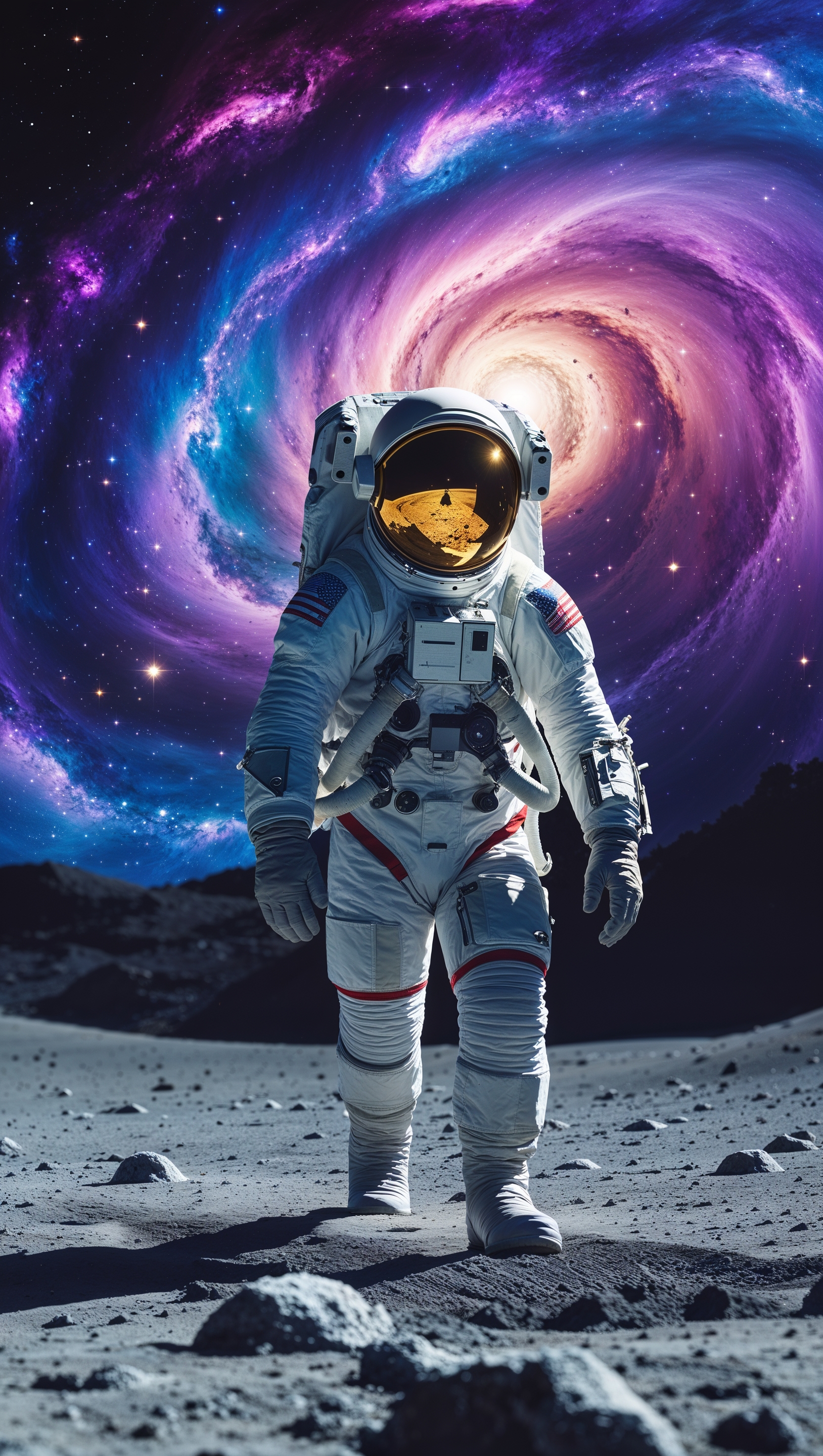 An astronaut walking on the moon with a galaxy background