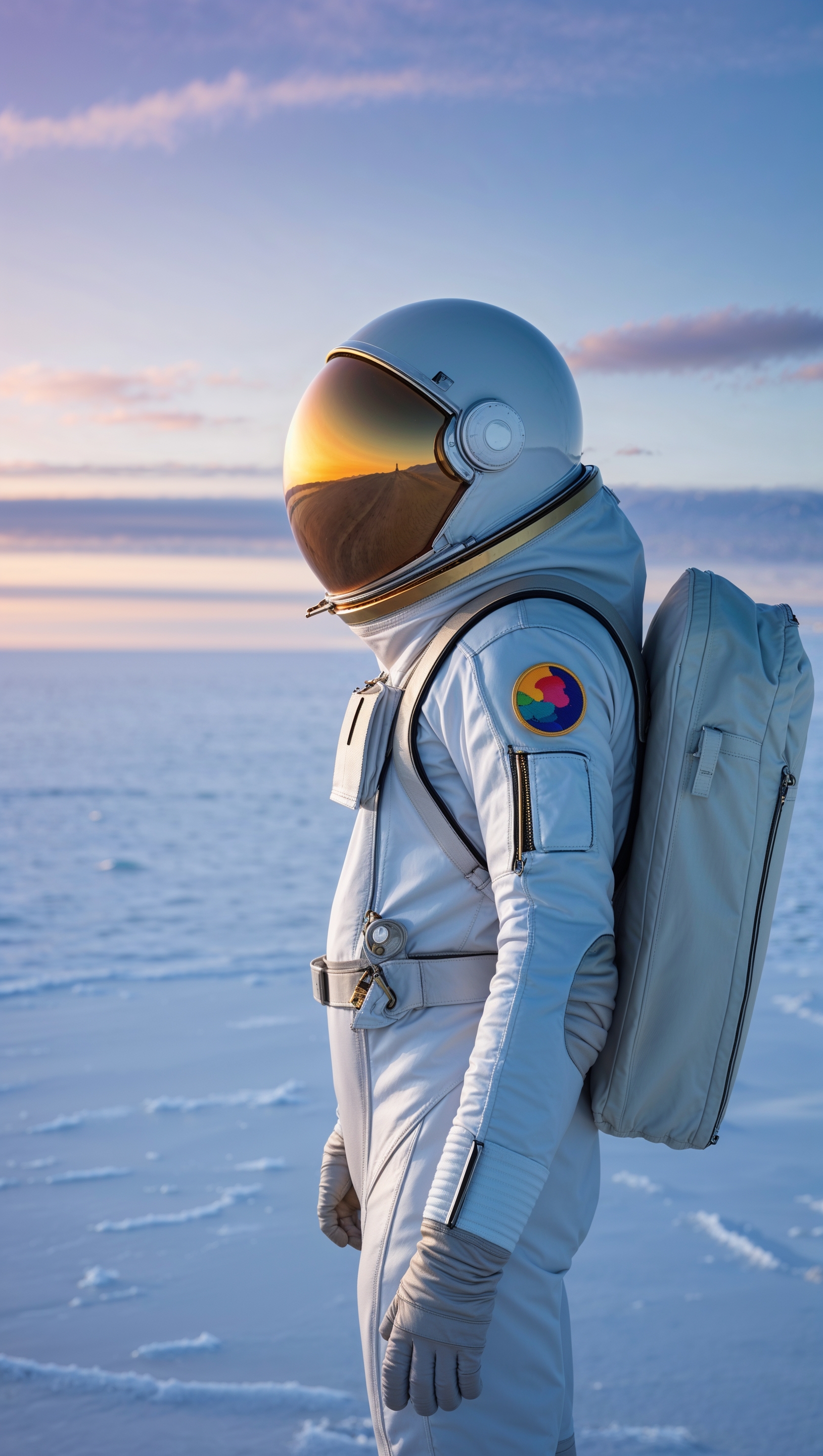 An astronaut beside an icy planet