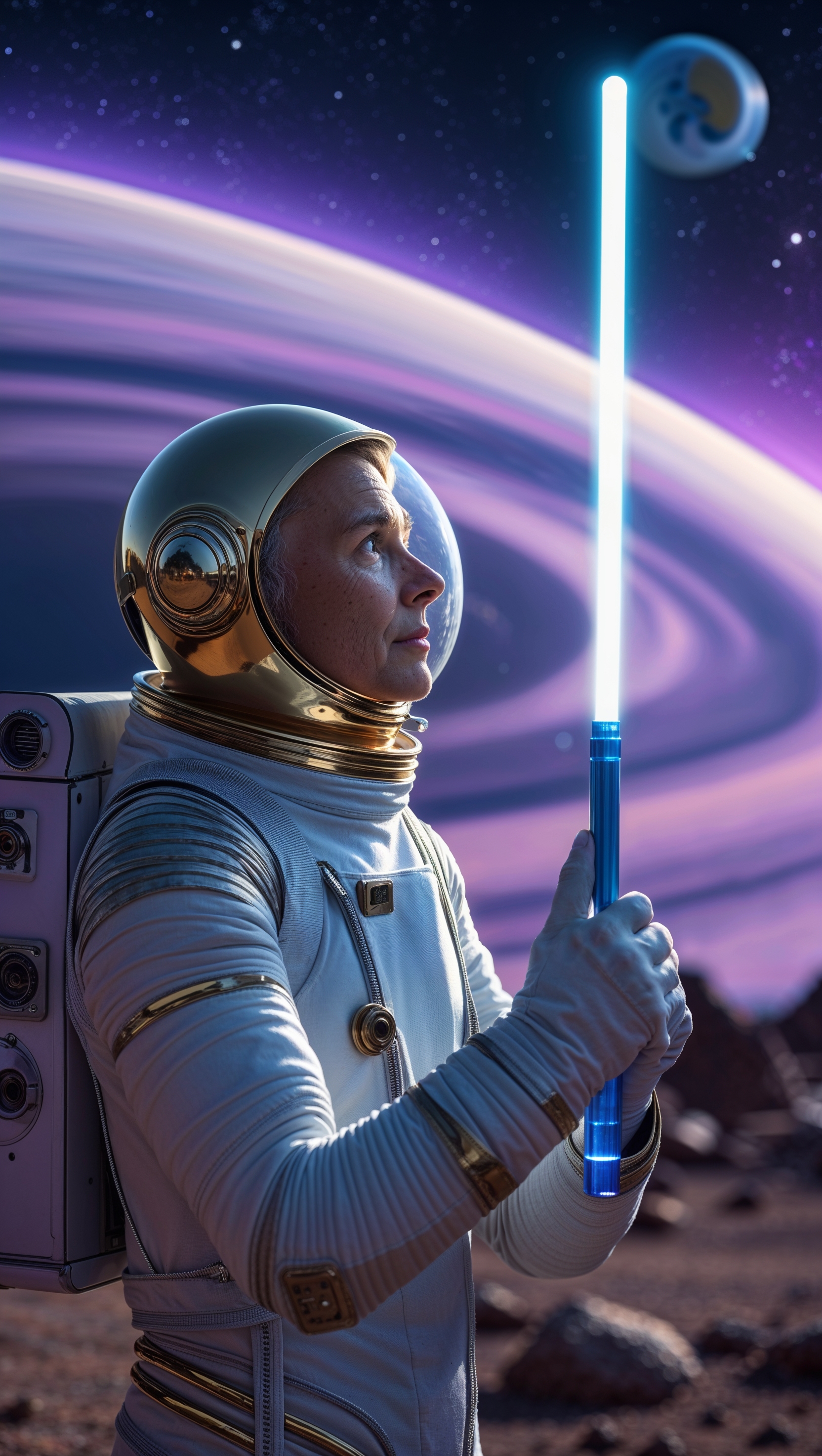 An astronaut holding a blue light, gazing at a distant planet