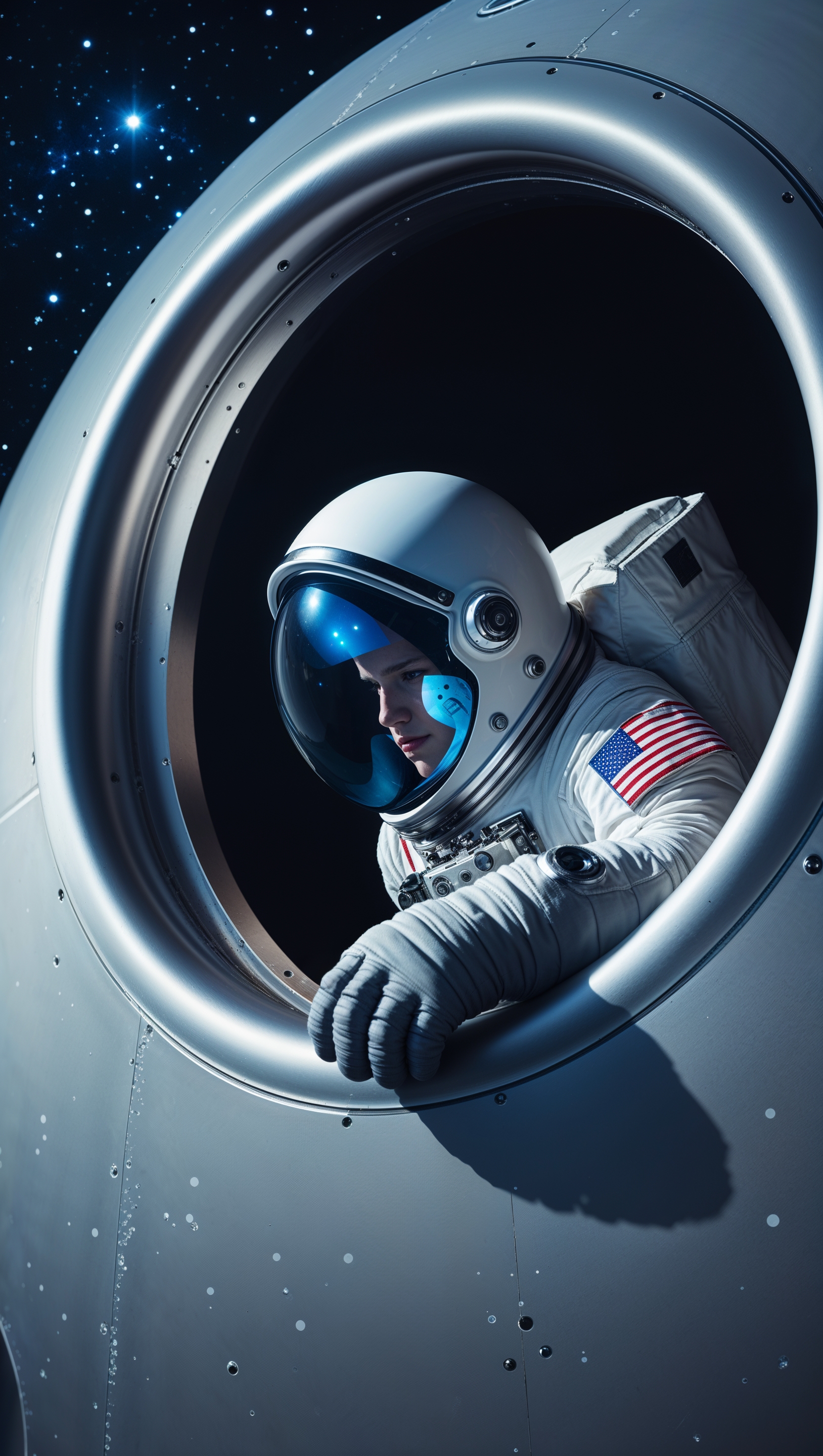 An astronaut climbing out of a spacecraft in space