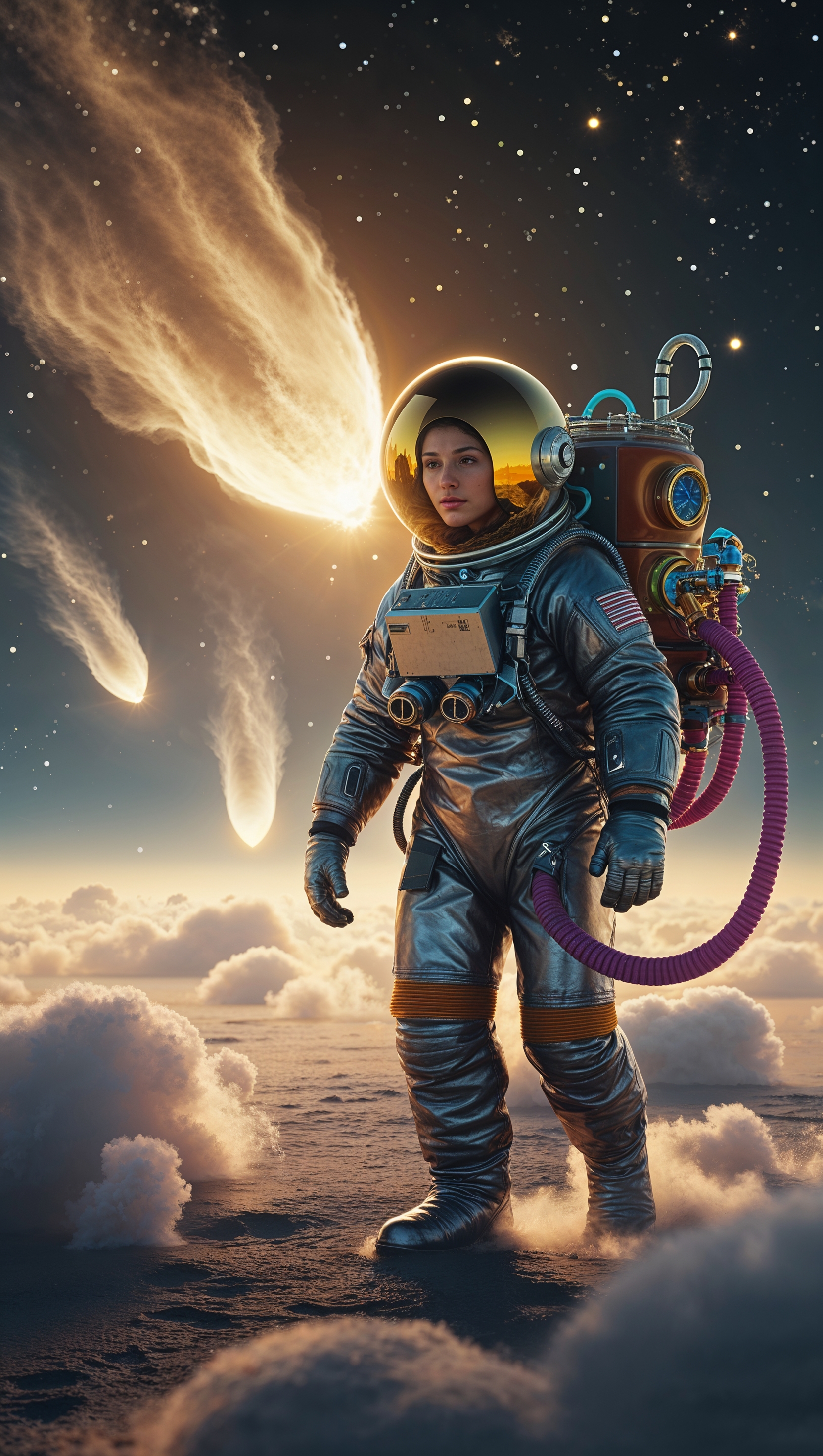 An astronaut with a space backpack wandering among comets in space