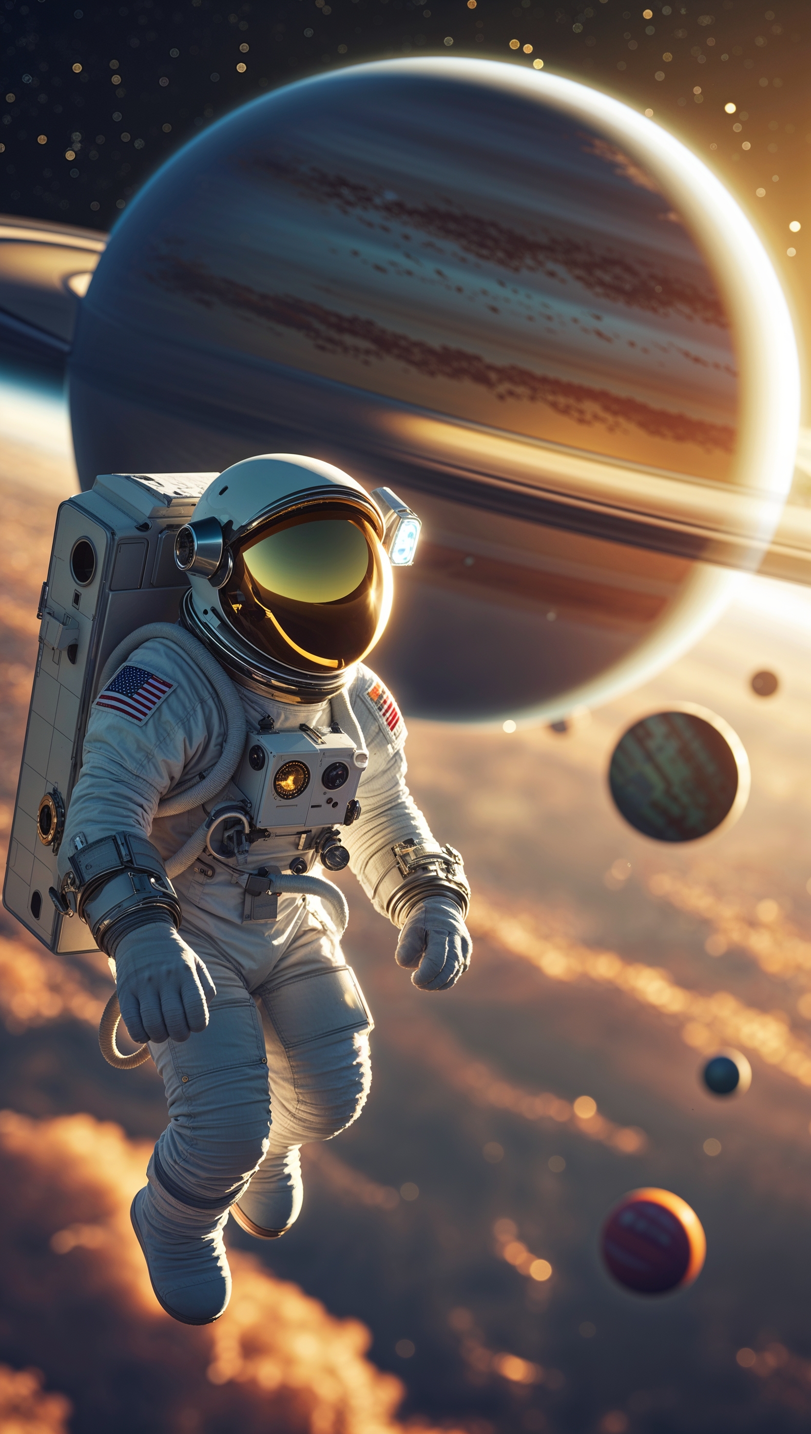 An astronaut flying through open space with planets in the background