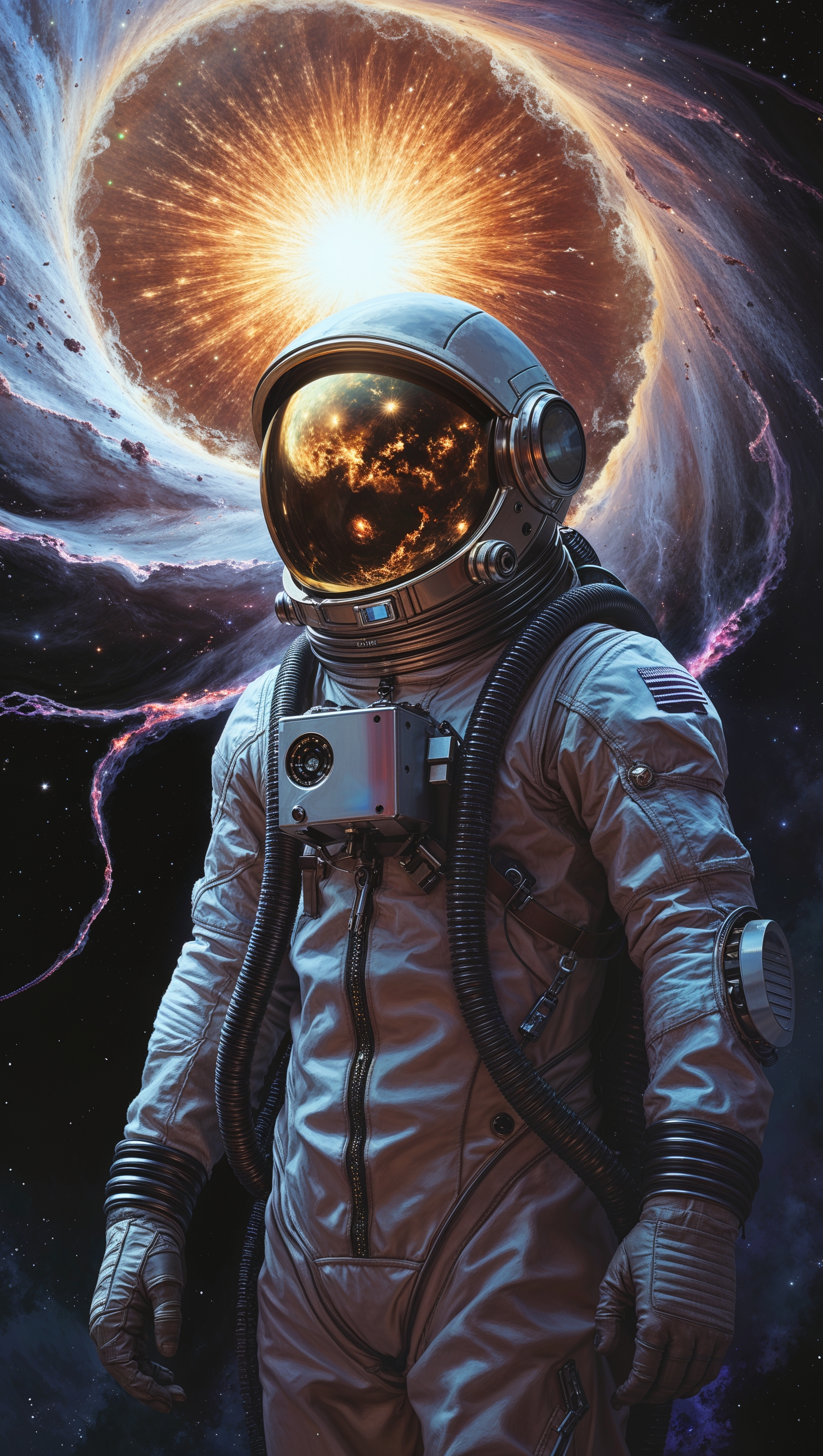 An astronaut near a star undergoing a supernova explosion