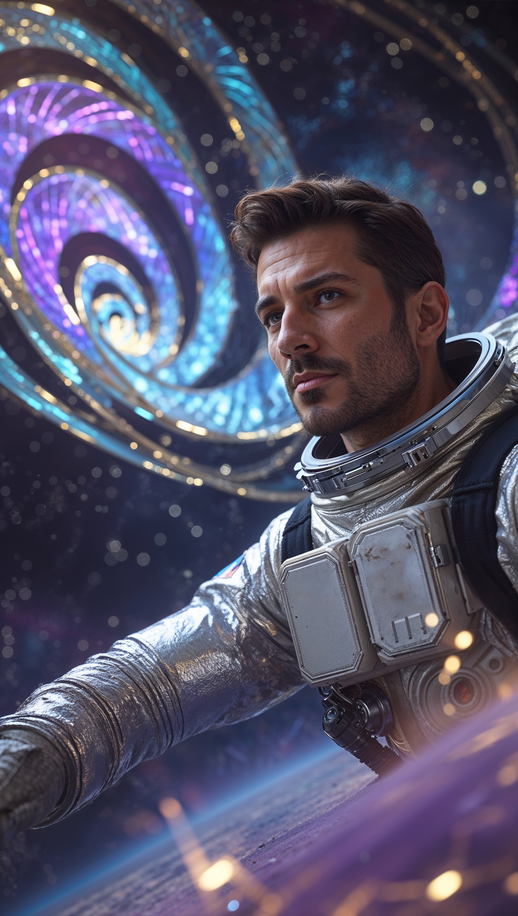 An astronaut in a galaxy with complex geometric shapes