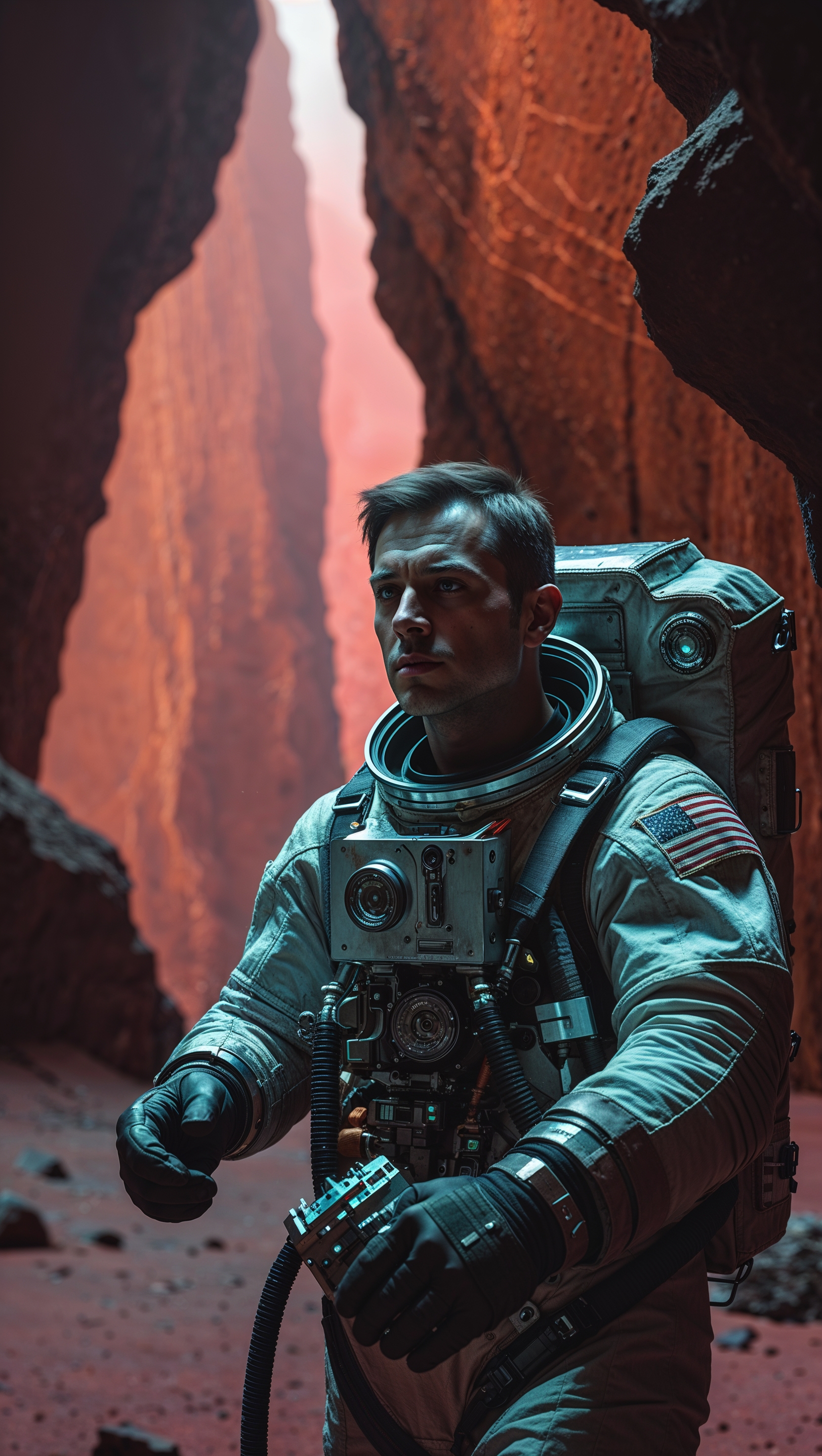 An astronaut exploring a mysterious cave on the surface of a planet