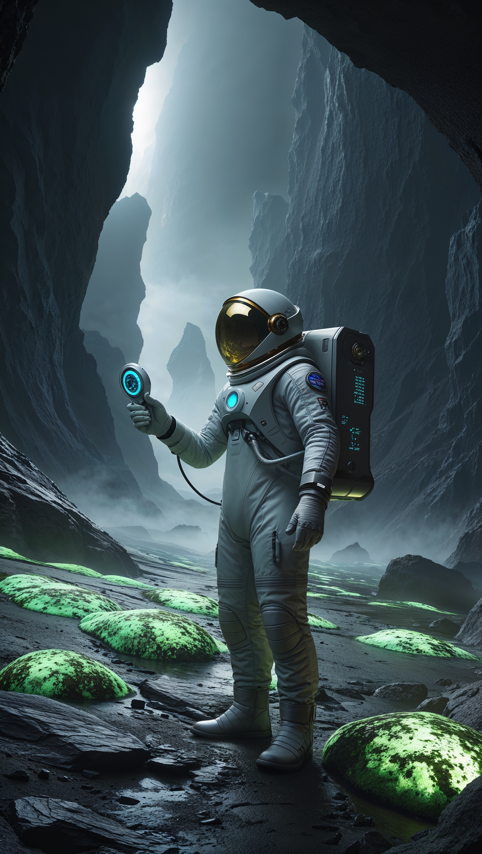 An astronaut in a cave-like environment on a planet