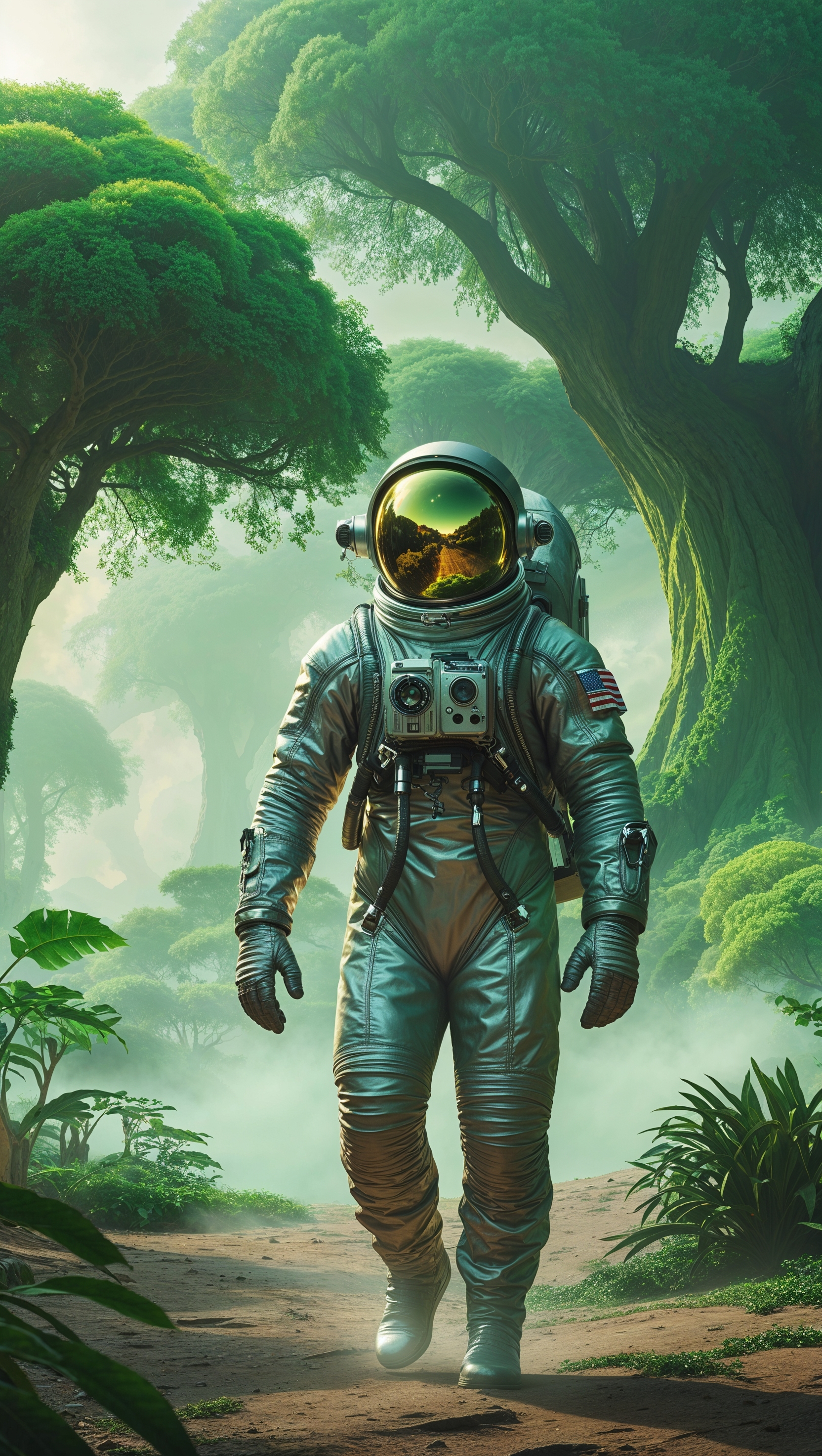 An astronaut heading toward a green, plant-filled planet