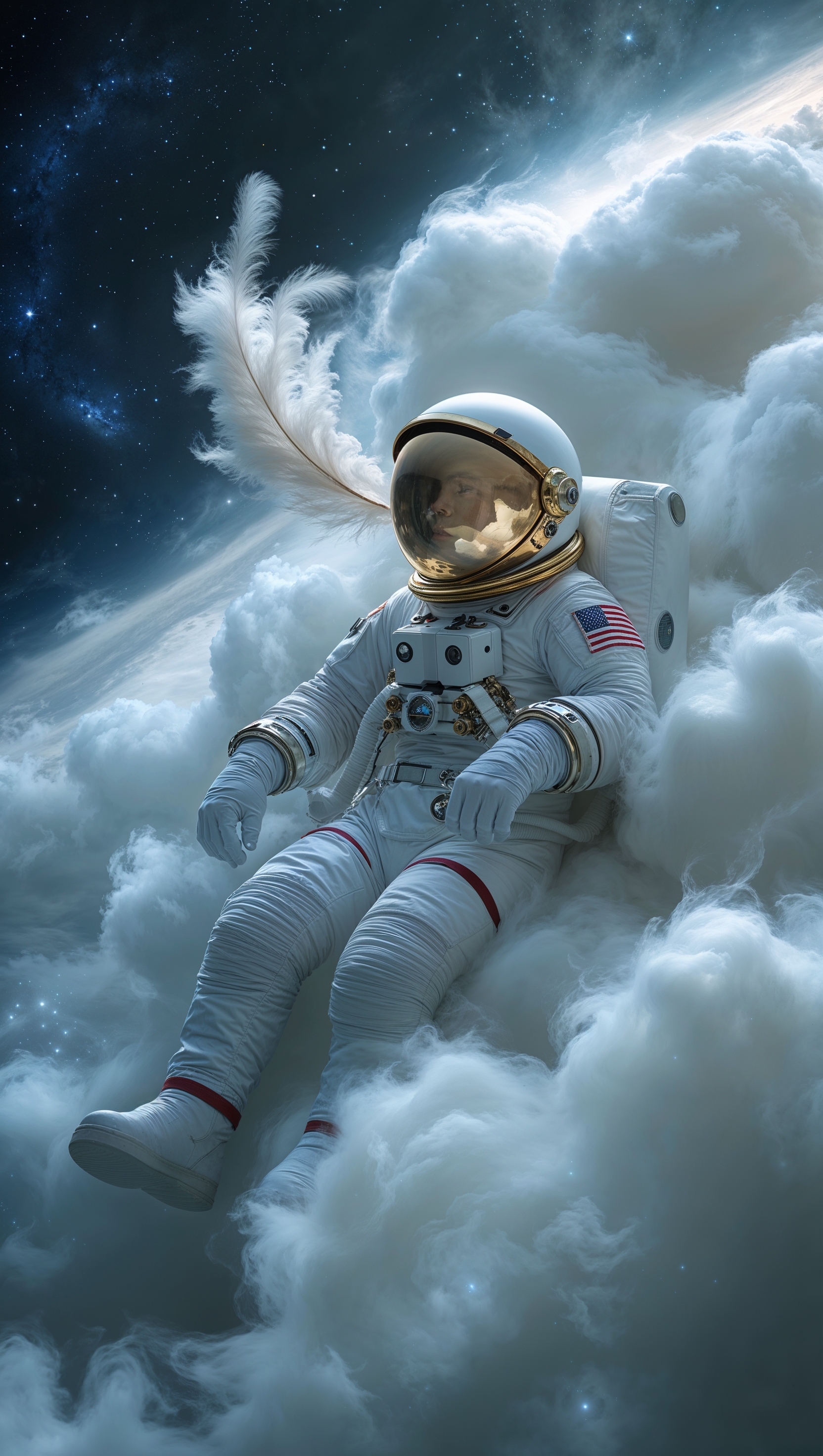 An astronaut floating in a giant cloud in space