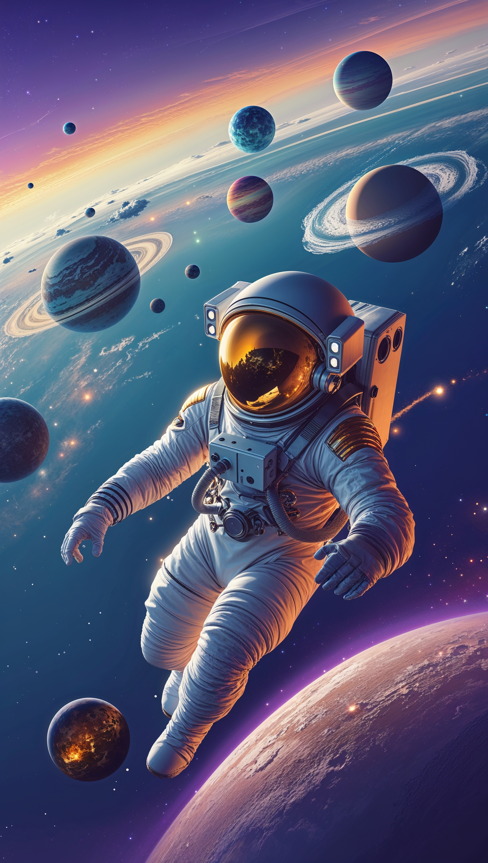 An astronaut flying through a sky full of floating planets