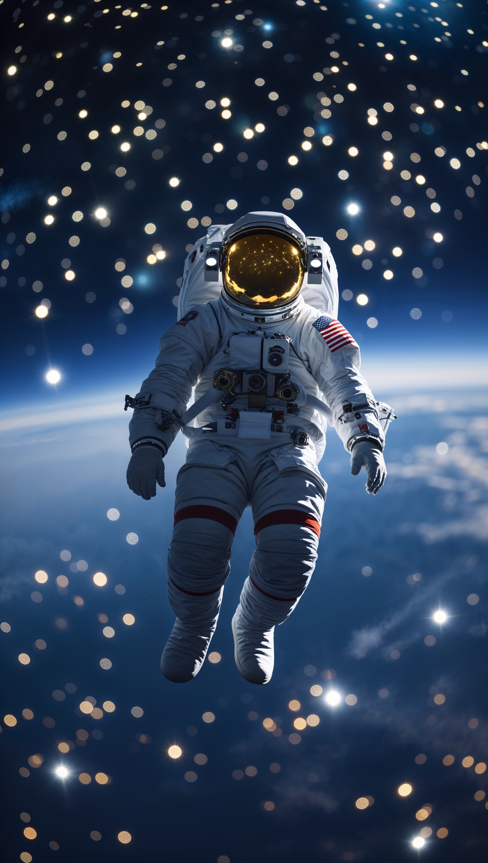 An astronaut floating through the night sky with bright stars