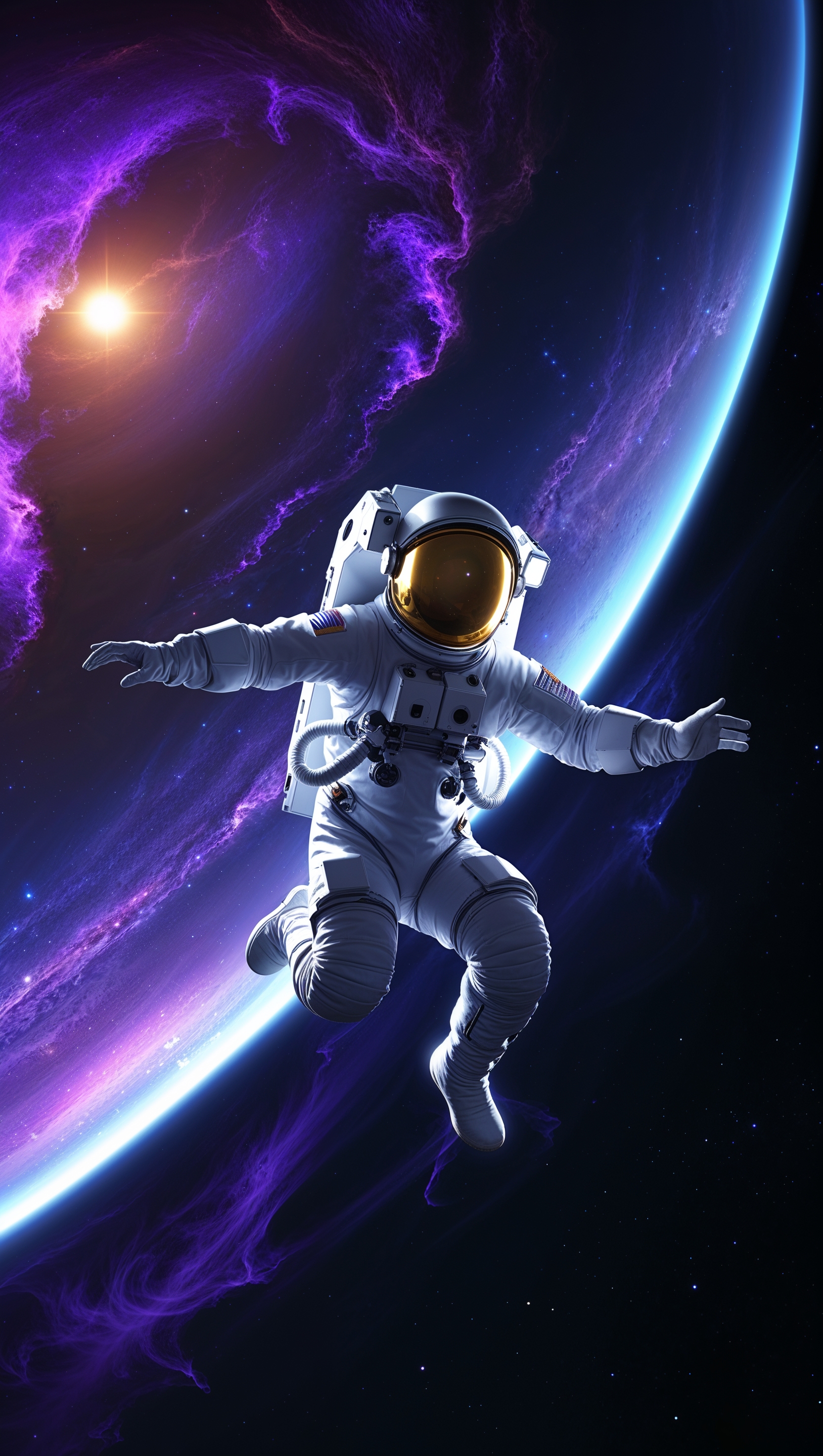 An astronaut jumping from one planet to another