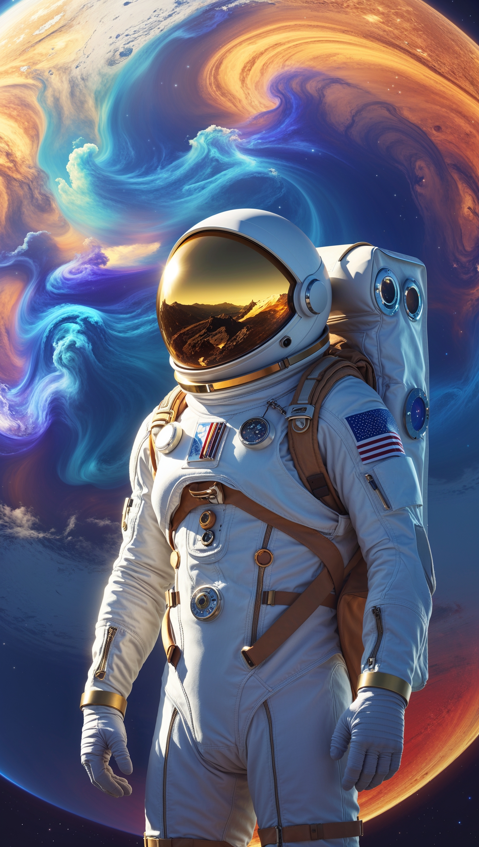 An astronaut beside a planet with colorful clouds