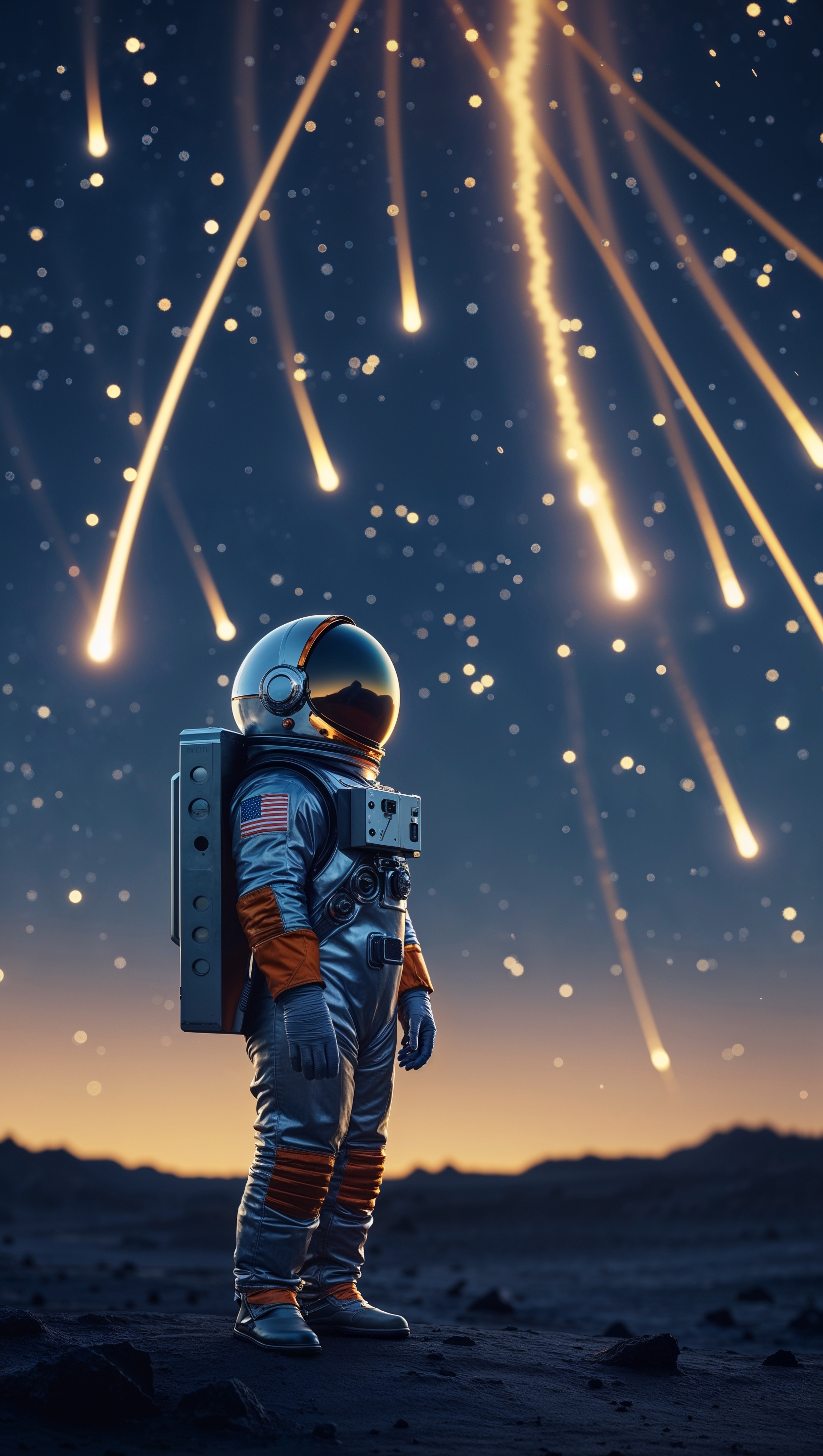 An astronaut observing a sky full of meteors