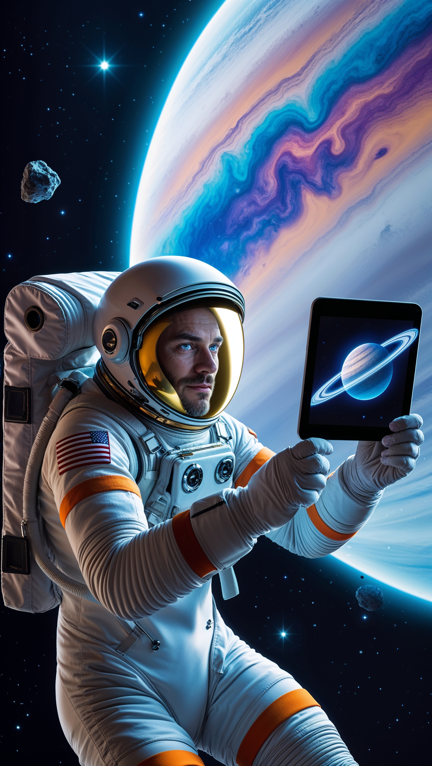 An astronaut moving through space while observing a giant planet
