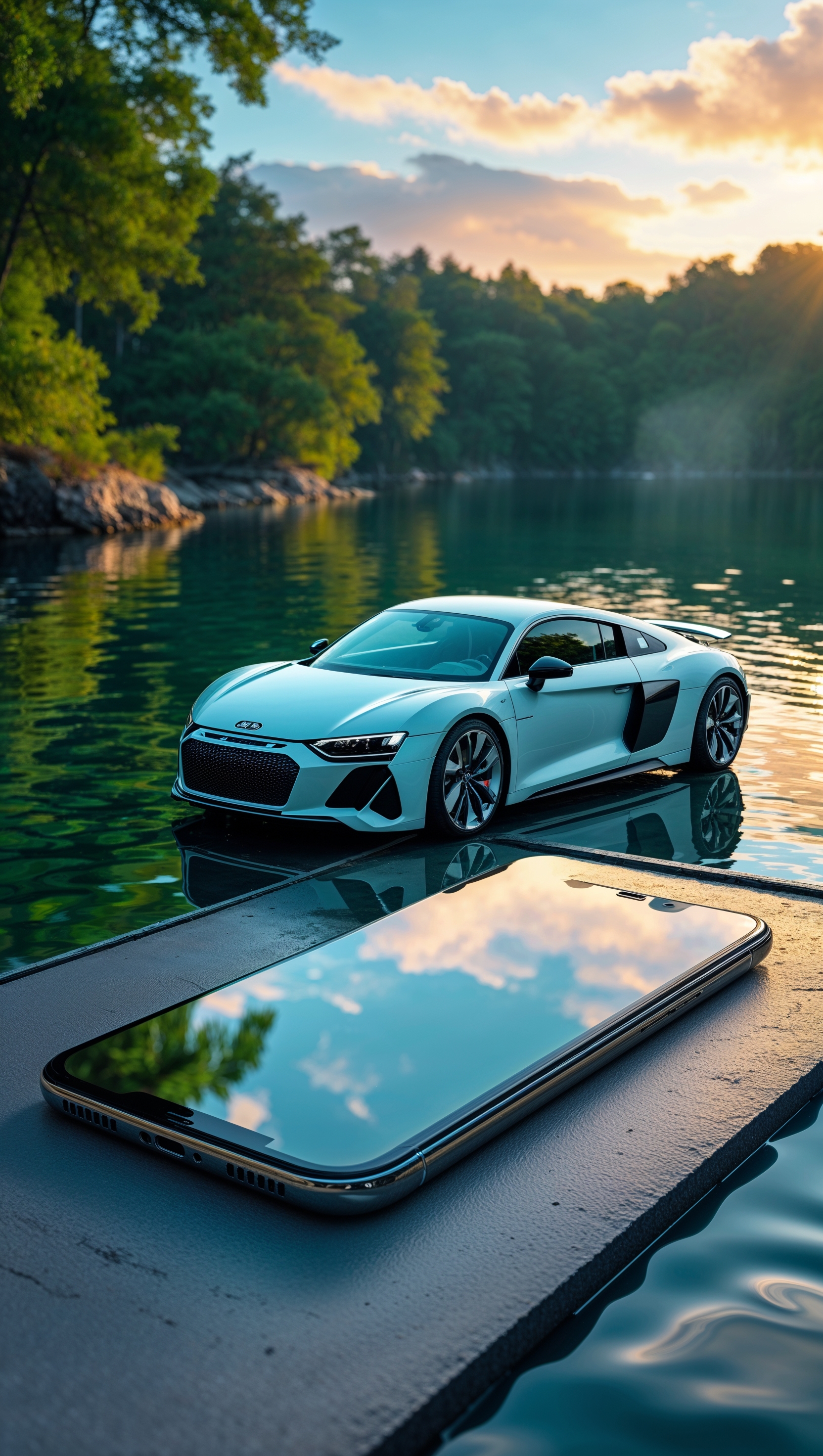 iPhone background with Audi car and light reflections on water