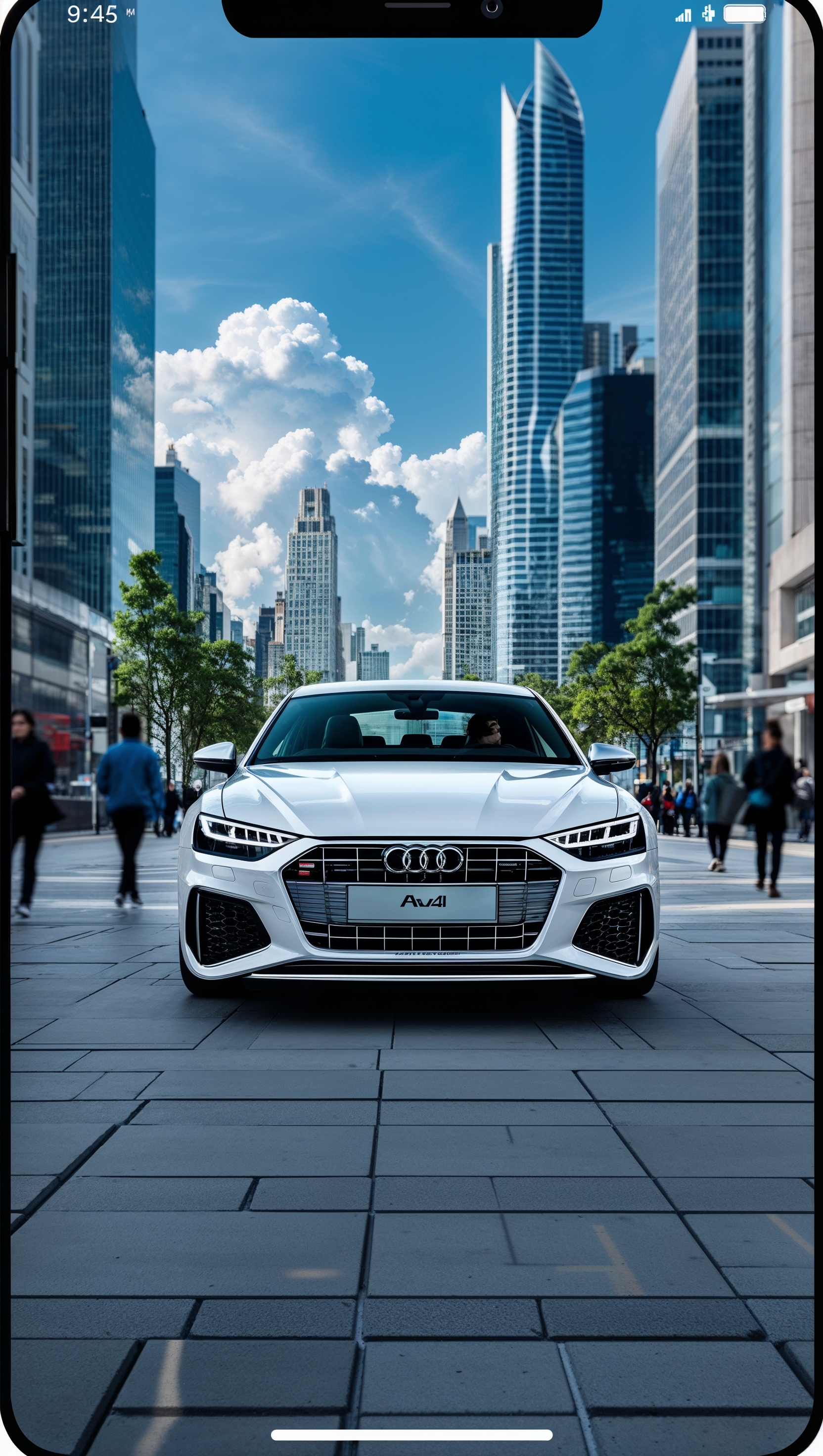 iPhone background with white Audi car in modern urban setting