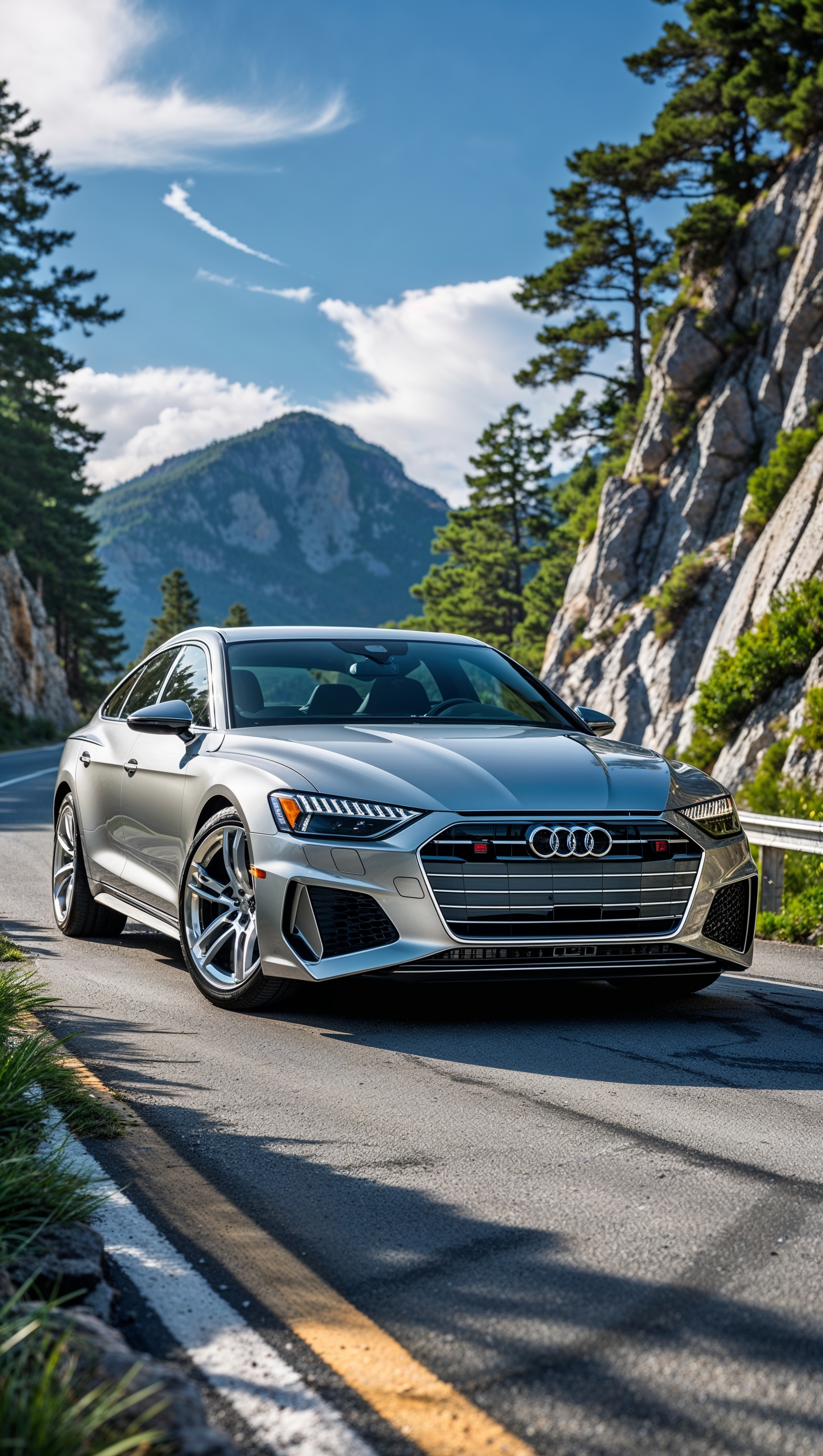iPhone background with front view of Audi car on mountain road