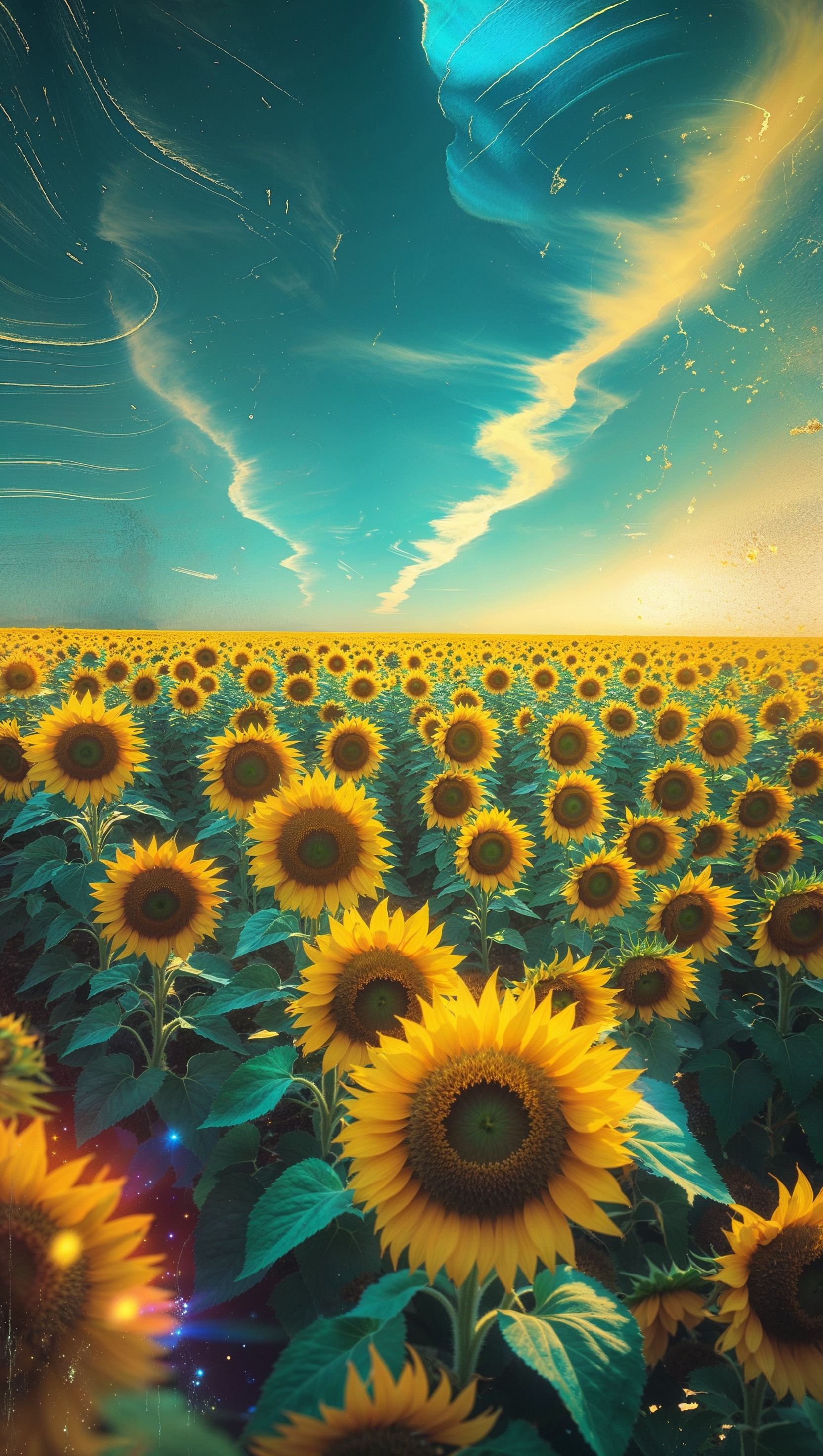 August iPhone wallpaper of sunflowers in a vast field